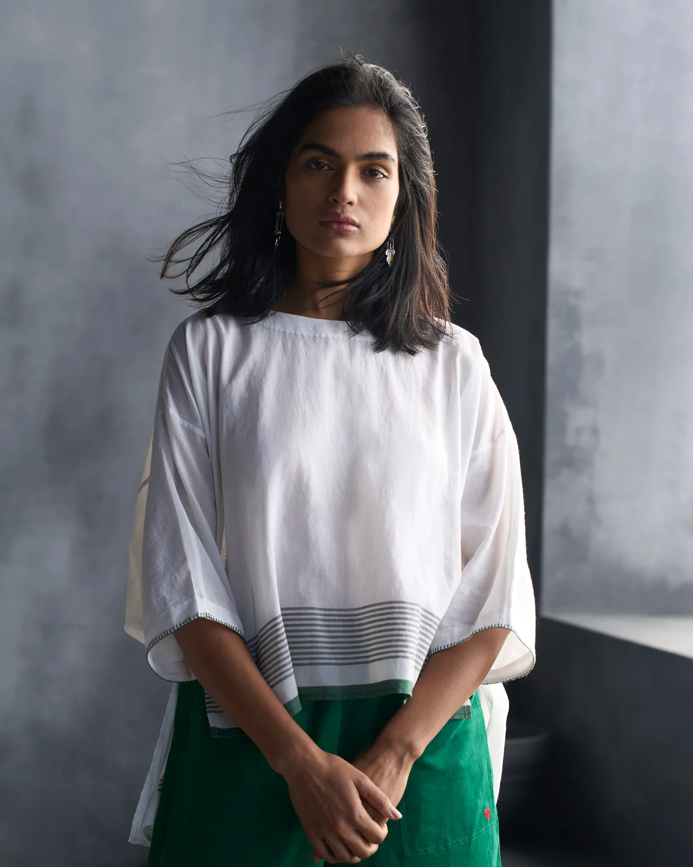 Boat Neck Top - White & Green - Image 4