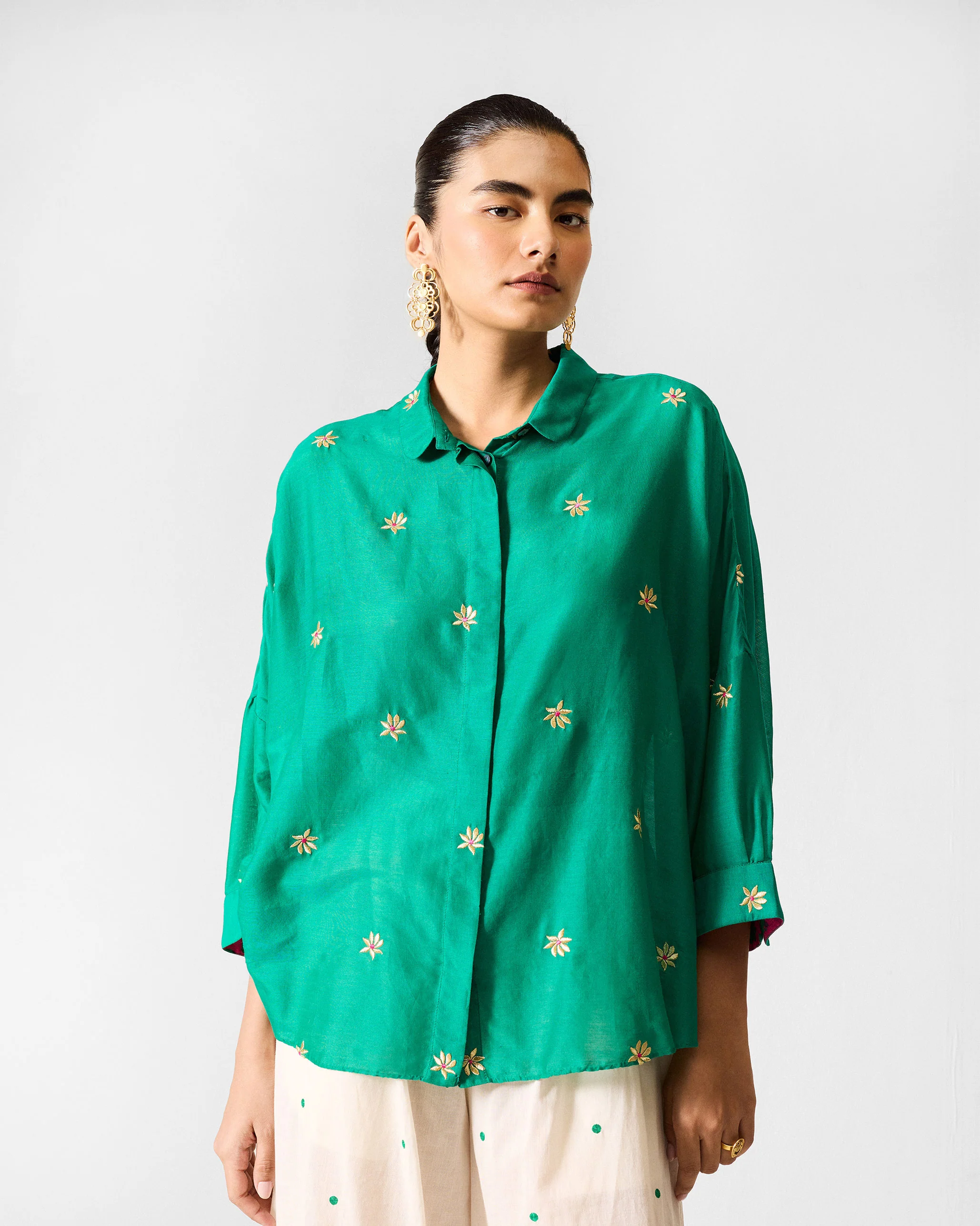 Boxy Shirt - Green & Gold Embroidered - Image 3