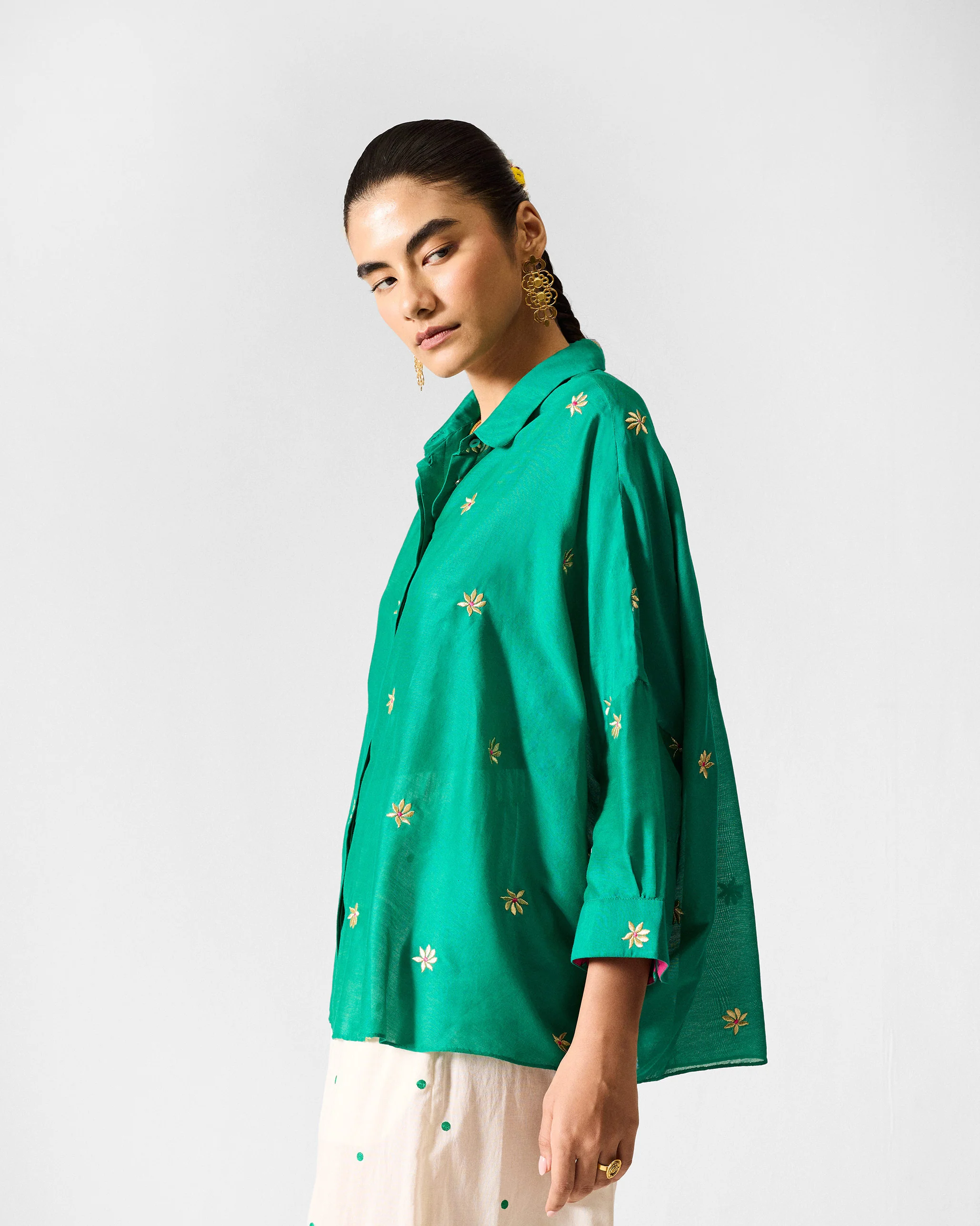 Boxy Shirt - Green & Gold Embroidered - Image 5