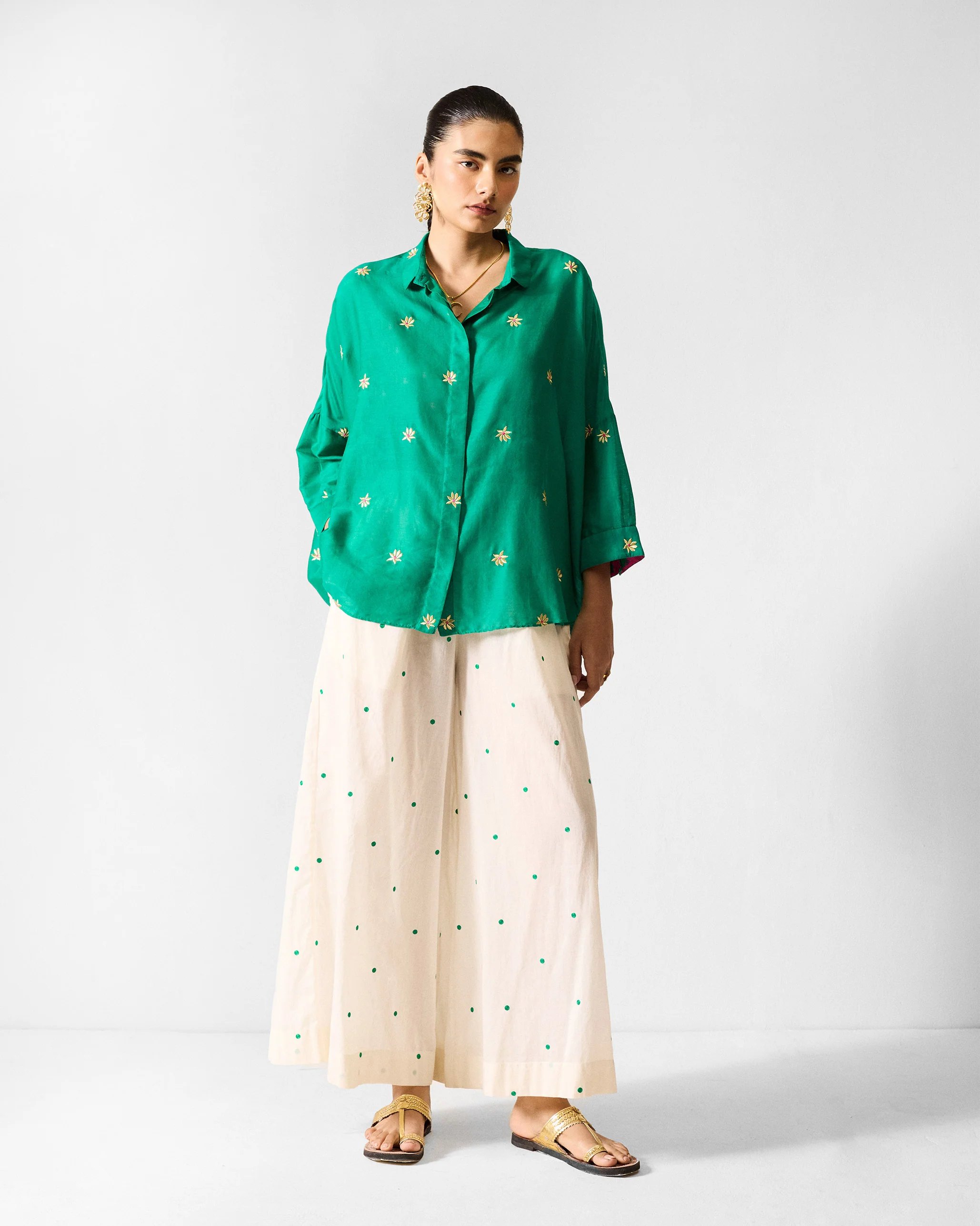 Boxy Shirt - Green & Gold Embroidered - Image 6