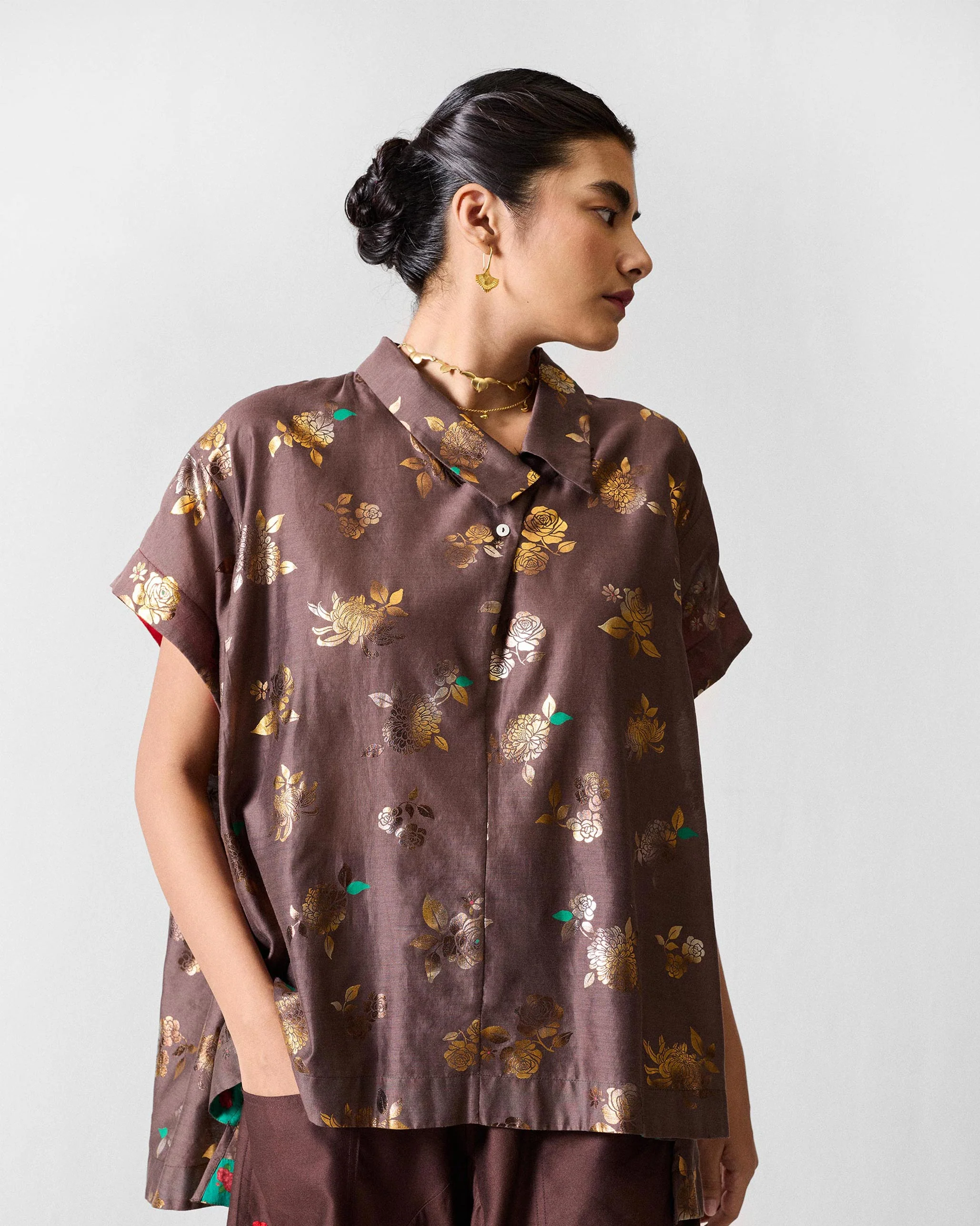 Camber Top - Chocolate Brown & Gold Printed