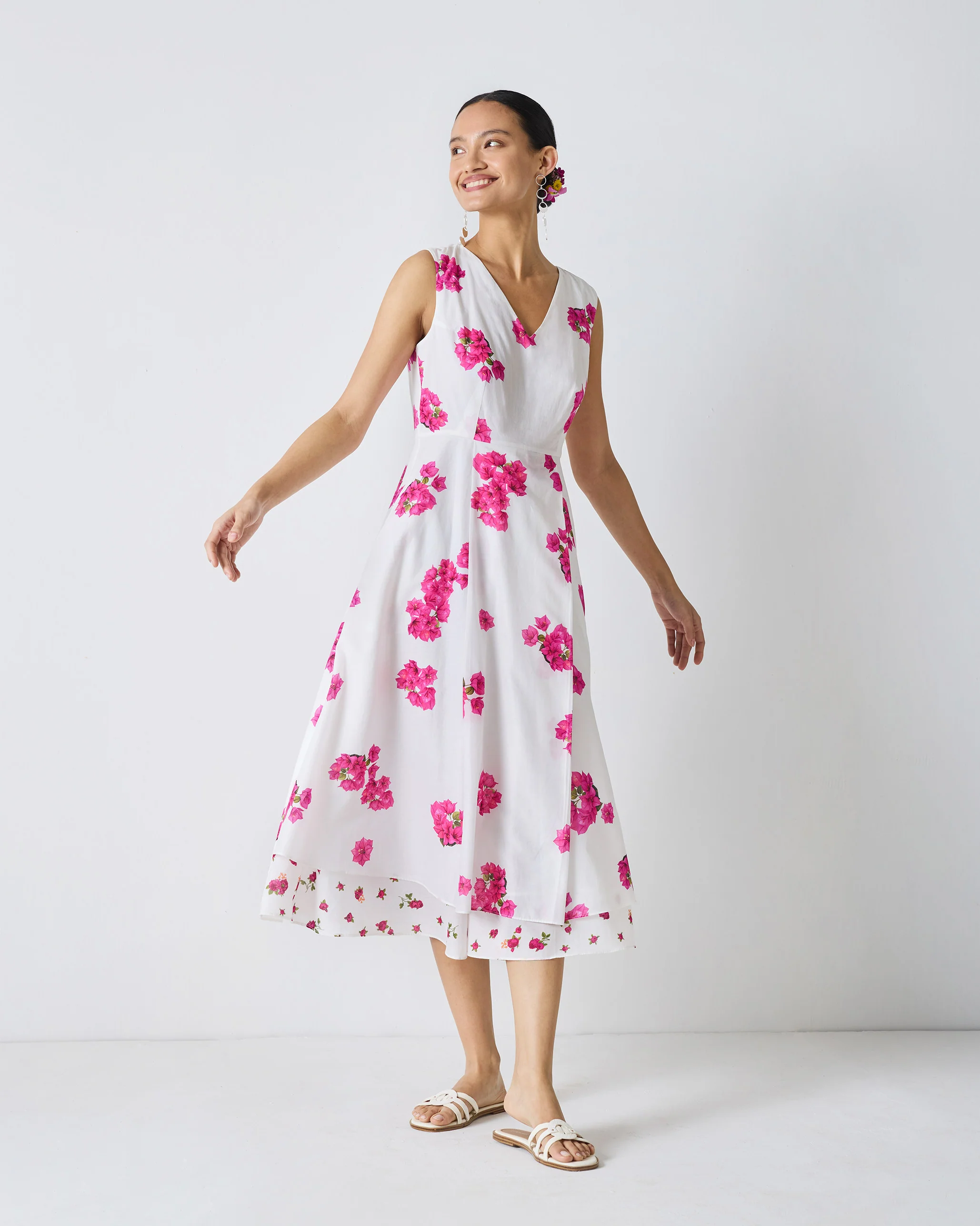 Ceylon Layered Dress - White & Fuchsia Print - Image 2