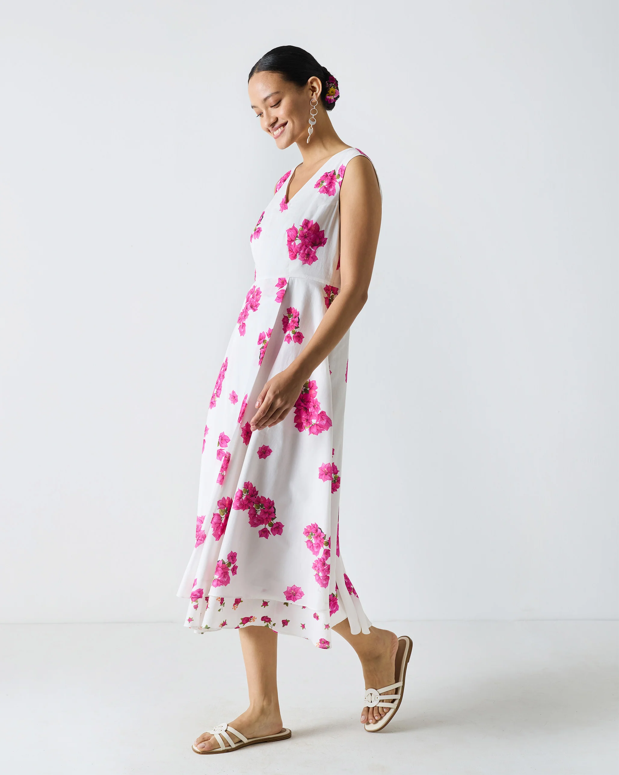 Ceylon Layered Dress - White & Fuchsia Print - Image 3