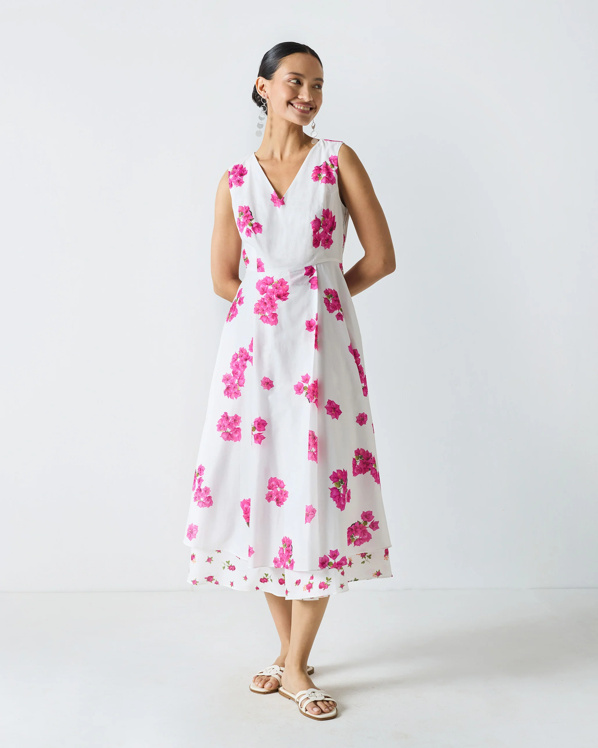 Ceylon Layered Dress - White & Fuchsia Print - Image 6