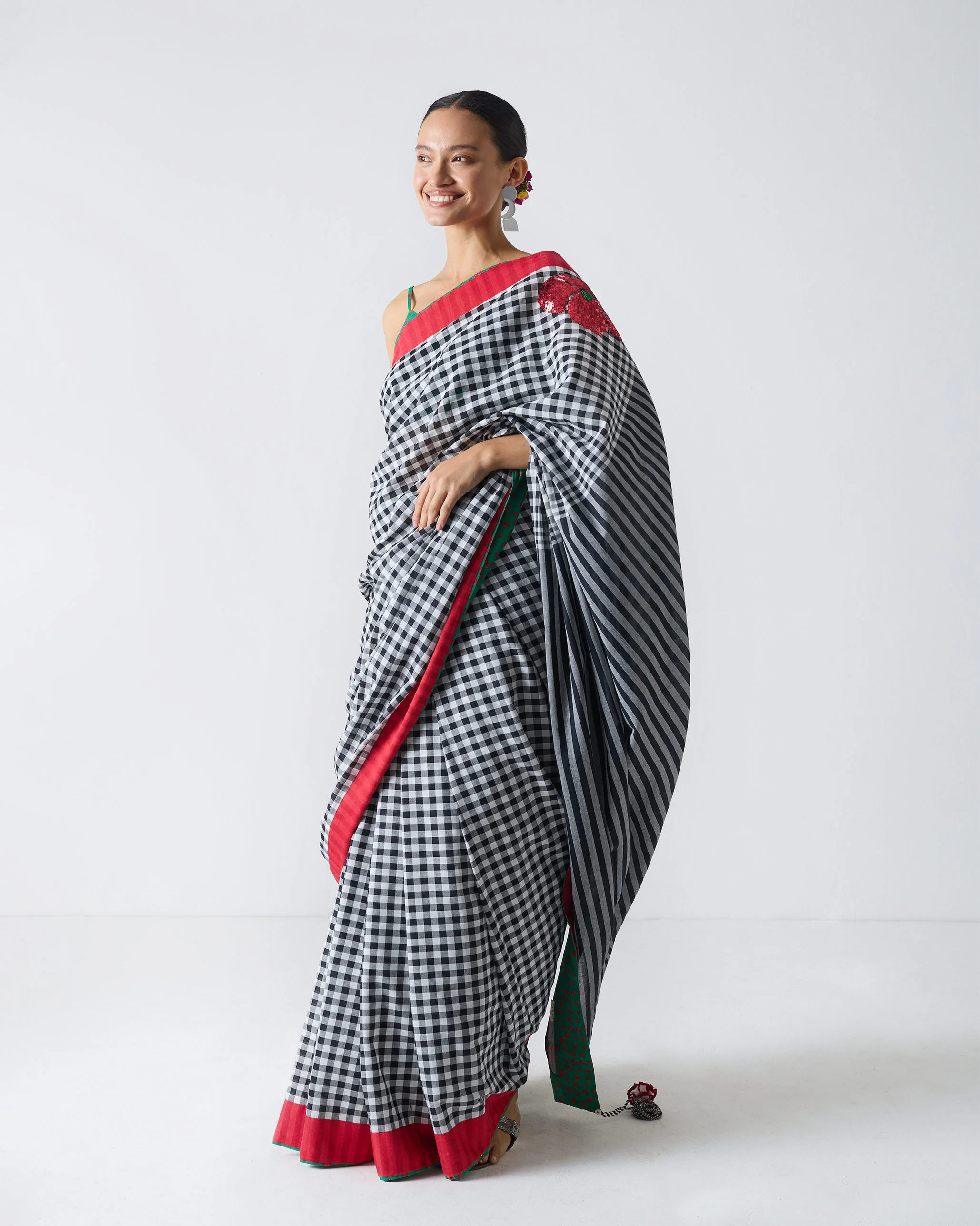 Ceylon Sari - Black & White Checks - Image 2