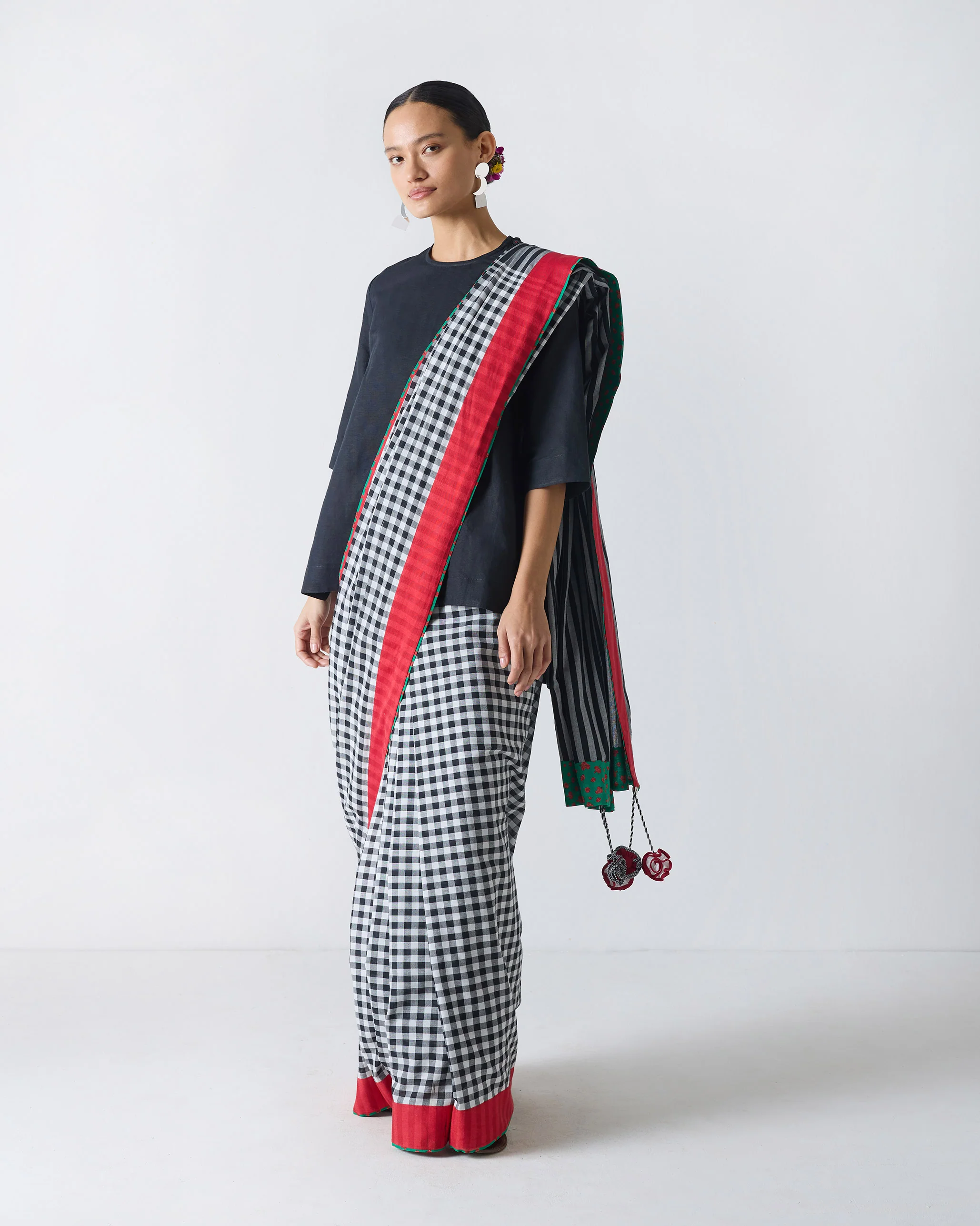 Ceylon Sari - Black & White Checks - Image 6