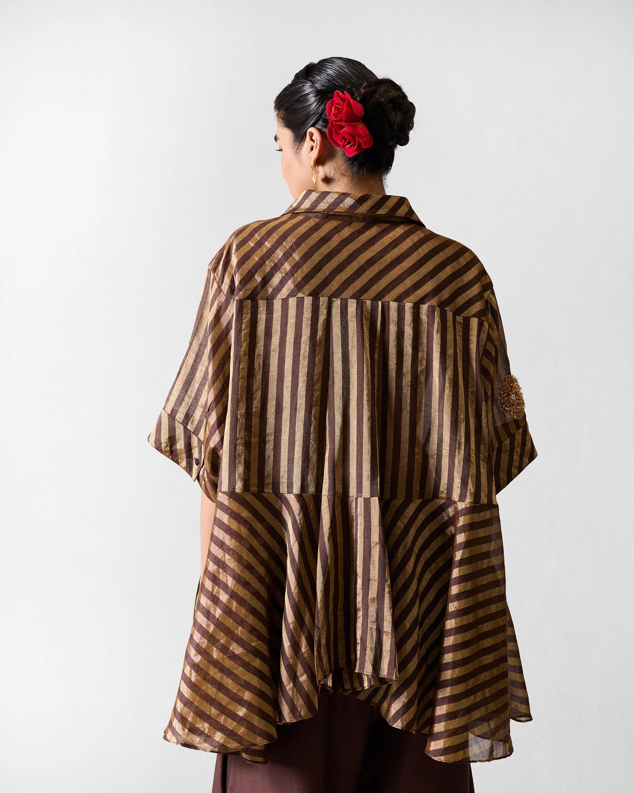 Ceylon Shirt - Chocolate Brown & Gold Stripes - Image 3