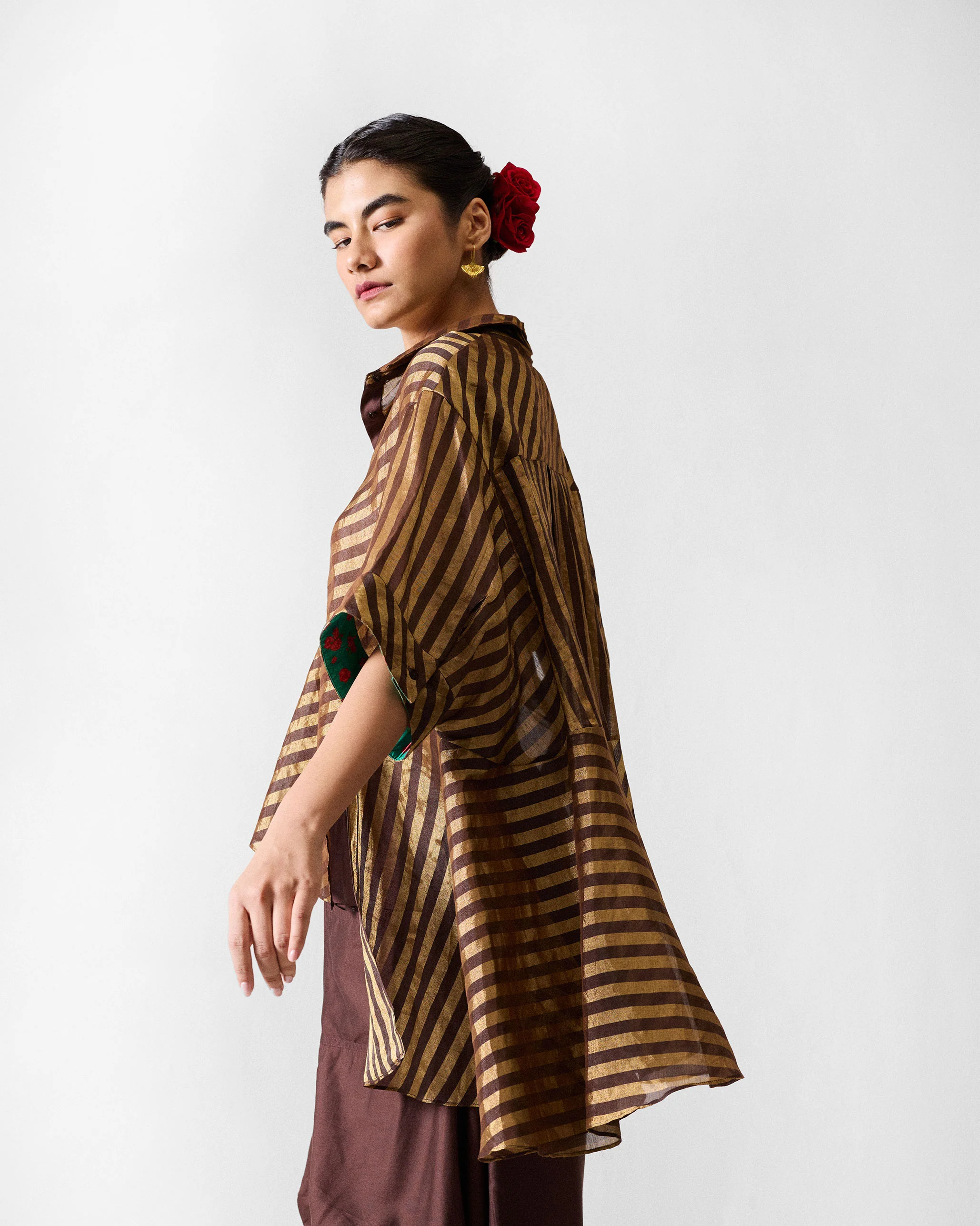 Ceylon Shirt - Chocolate Brown & Gold Stripes - Image 4