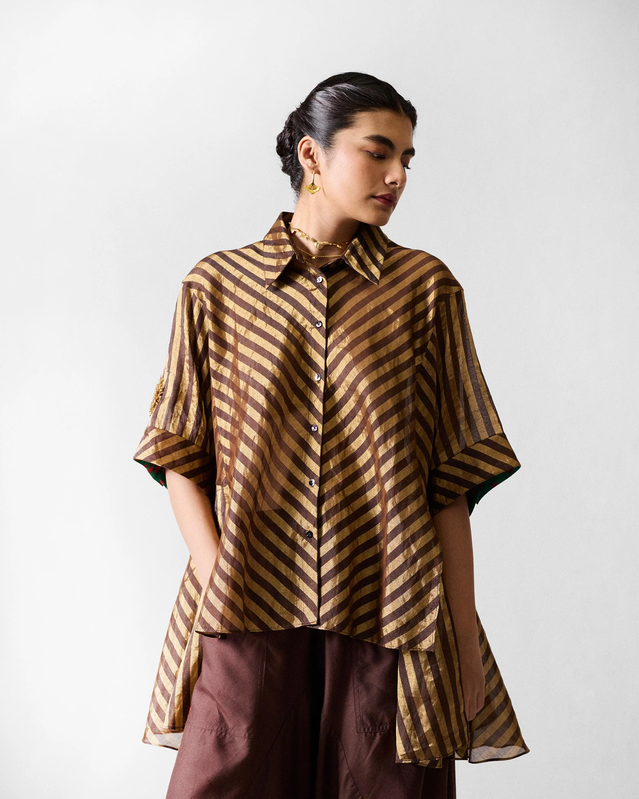 Ceylon Shirt - Chocolate Brown & Gold Stripes - Image 5