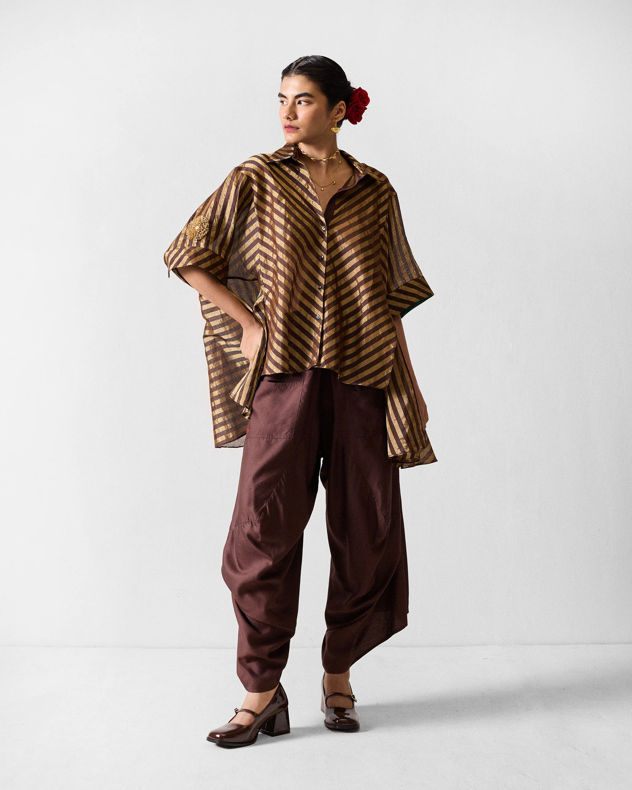 Ceylon Shirt - Chocolate Brown & Gold Stripes - Image 7
