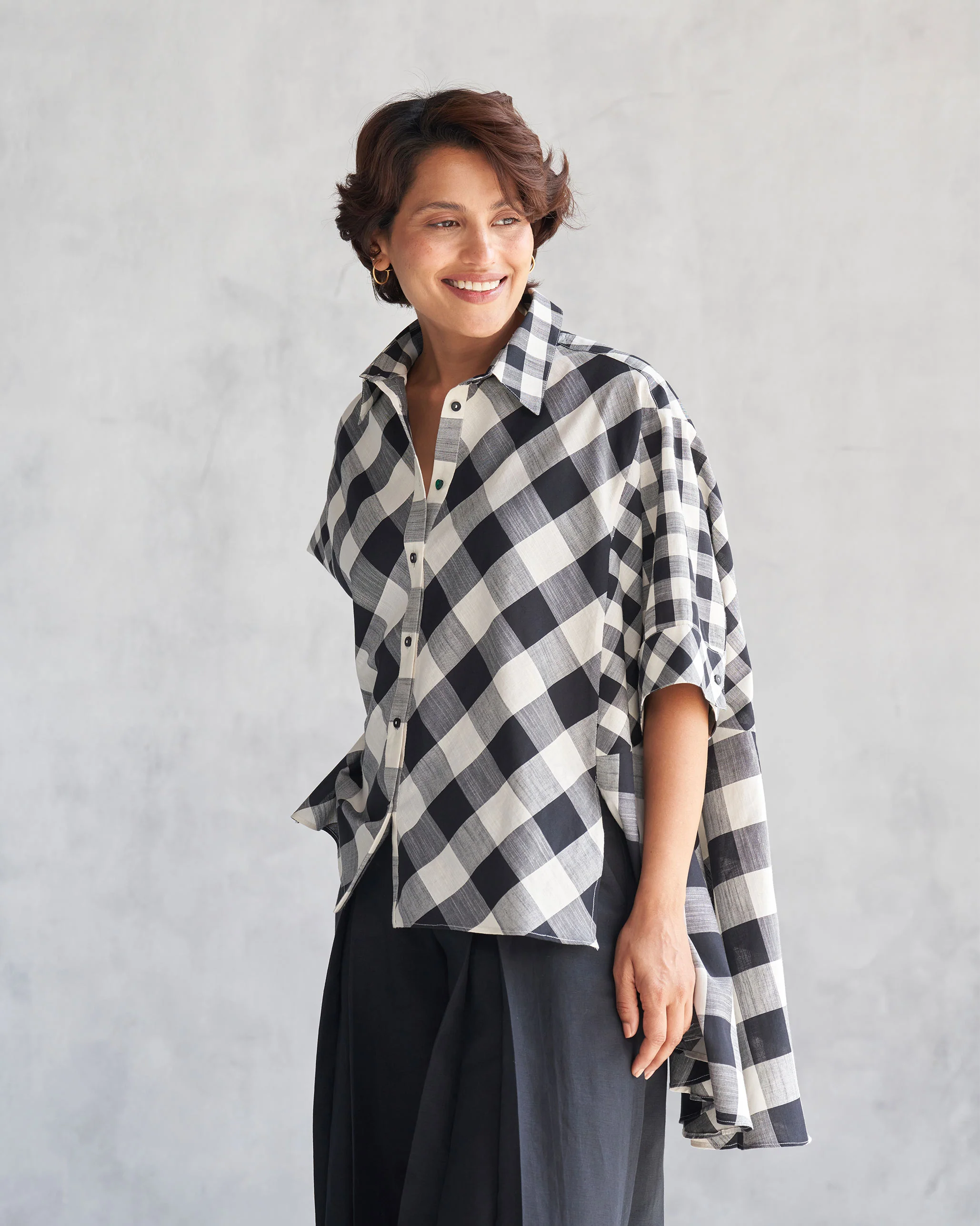 Checkered Panelled Shirt - Black & Ivory - Image 4