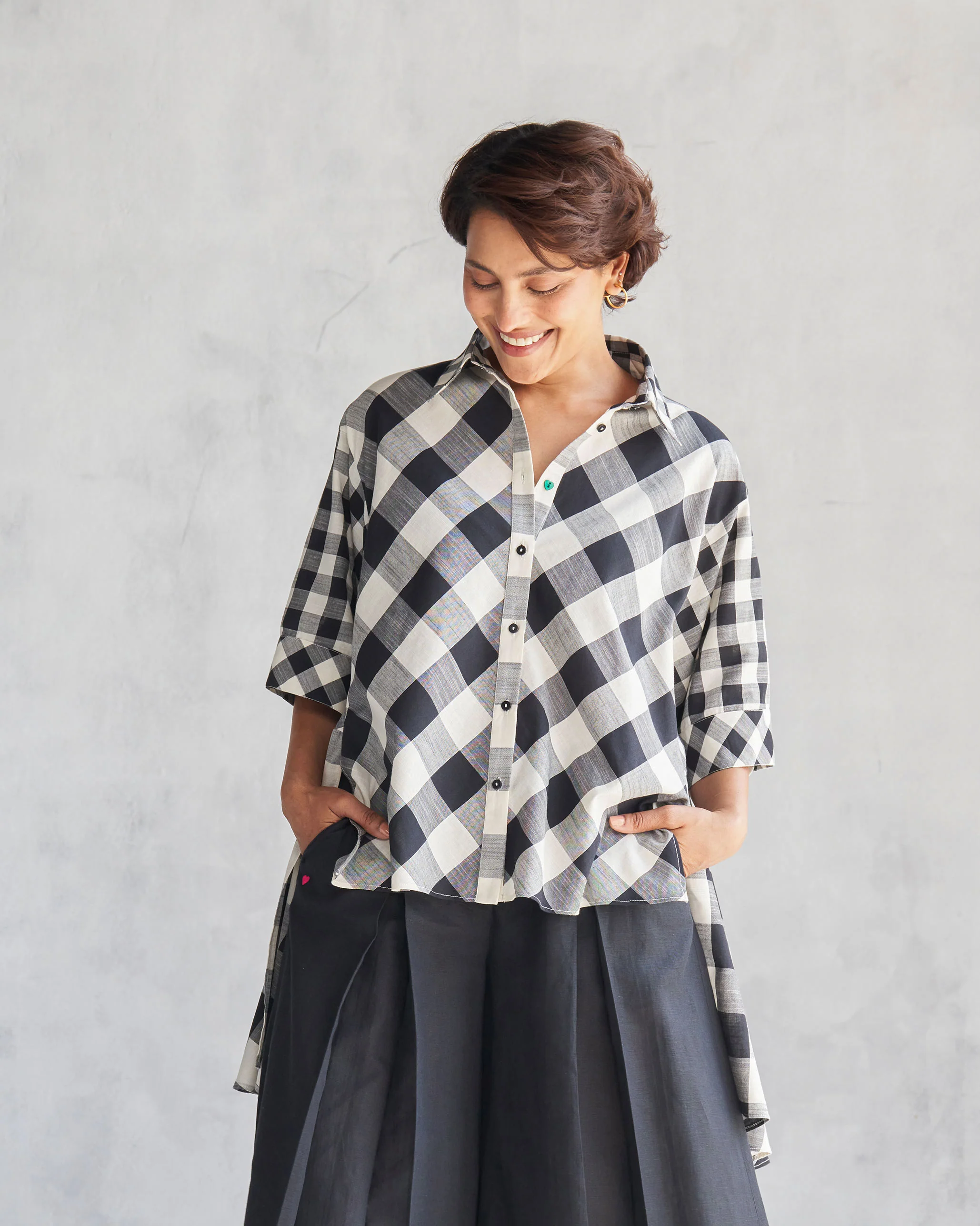 Checkered Panelled Shirt - Black & Ivory - Image 6