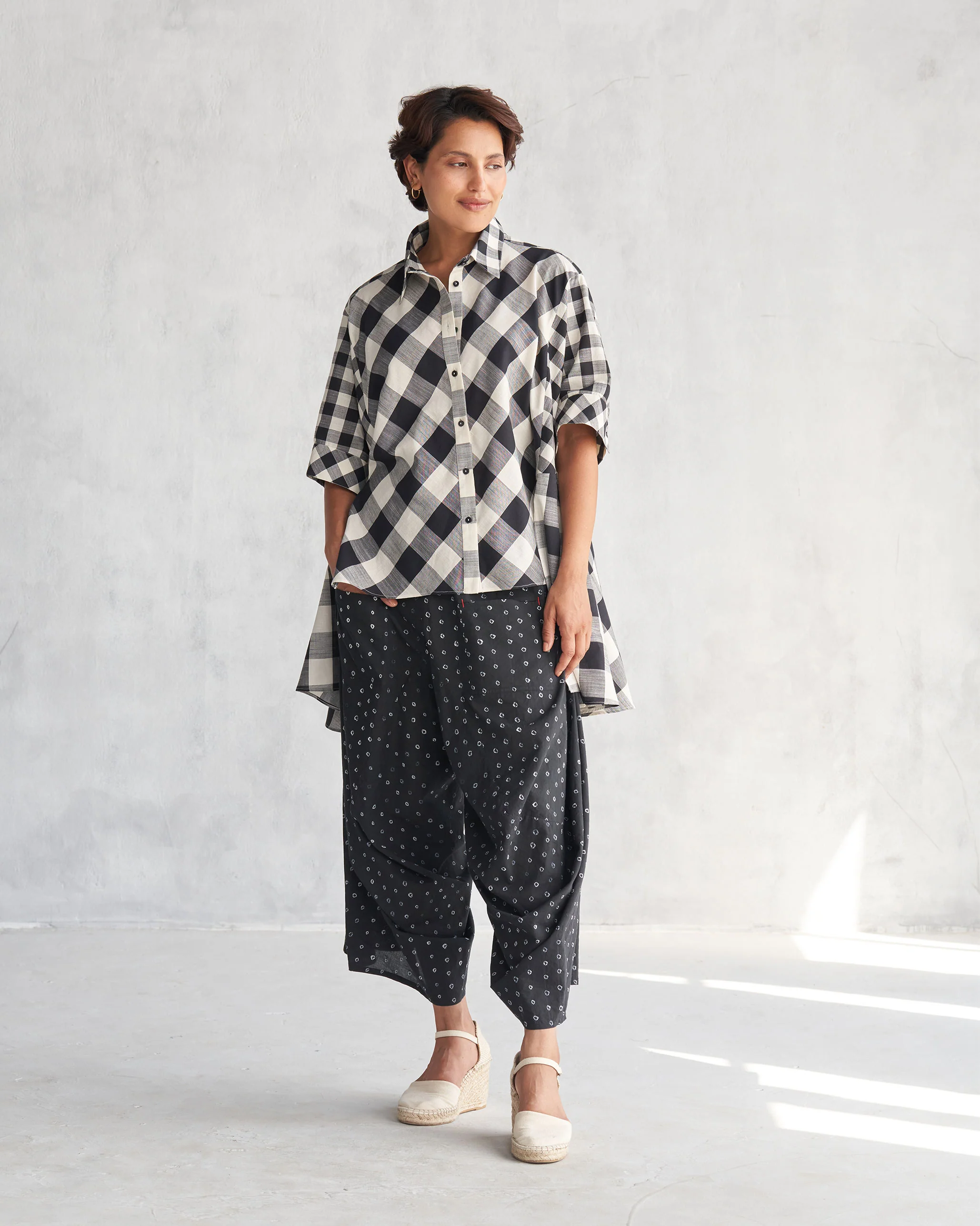 Checkered Panelled Shirt - Black & Ivory - Image 8