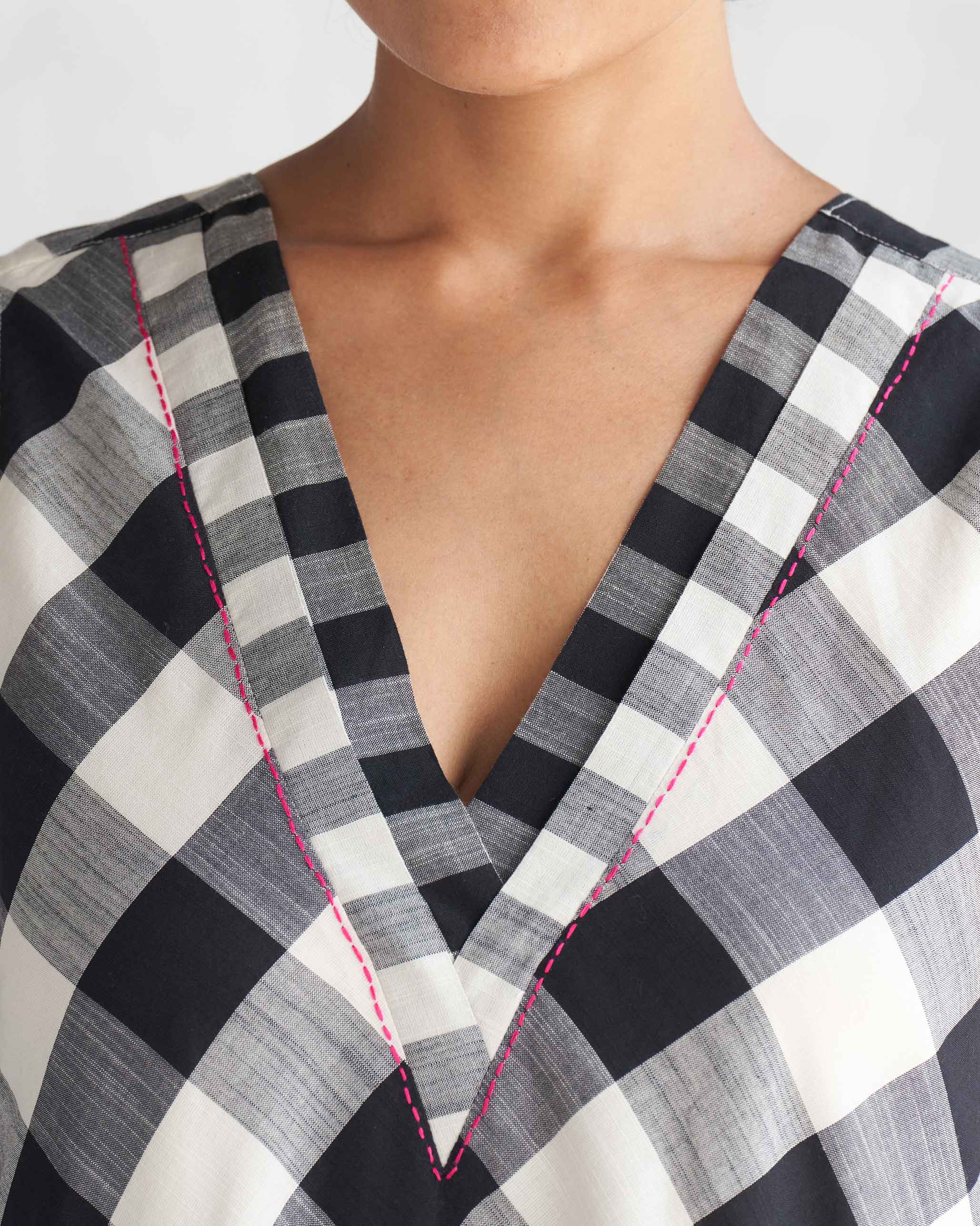 Checkered V-Neck Dress - Black & Ivory - Image 2