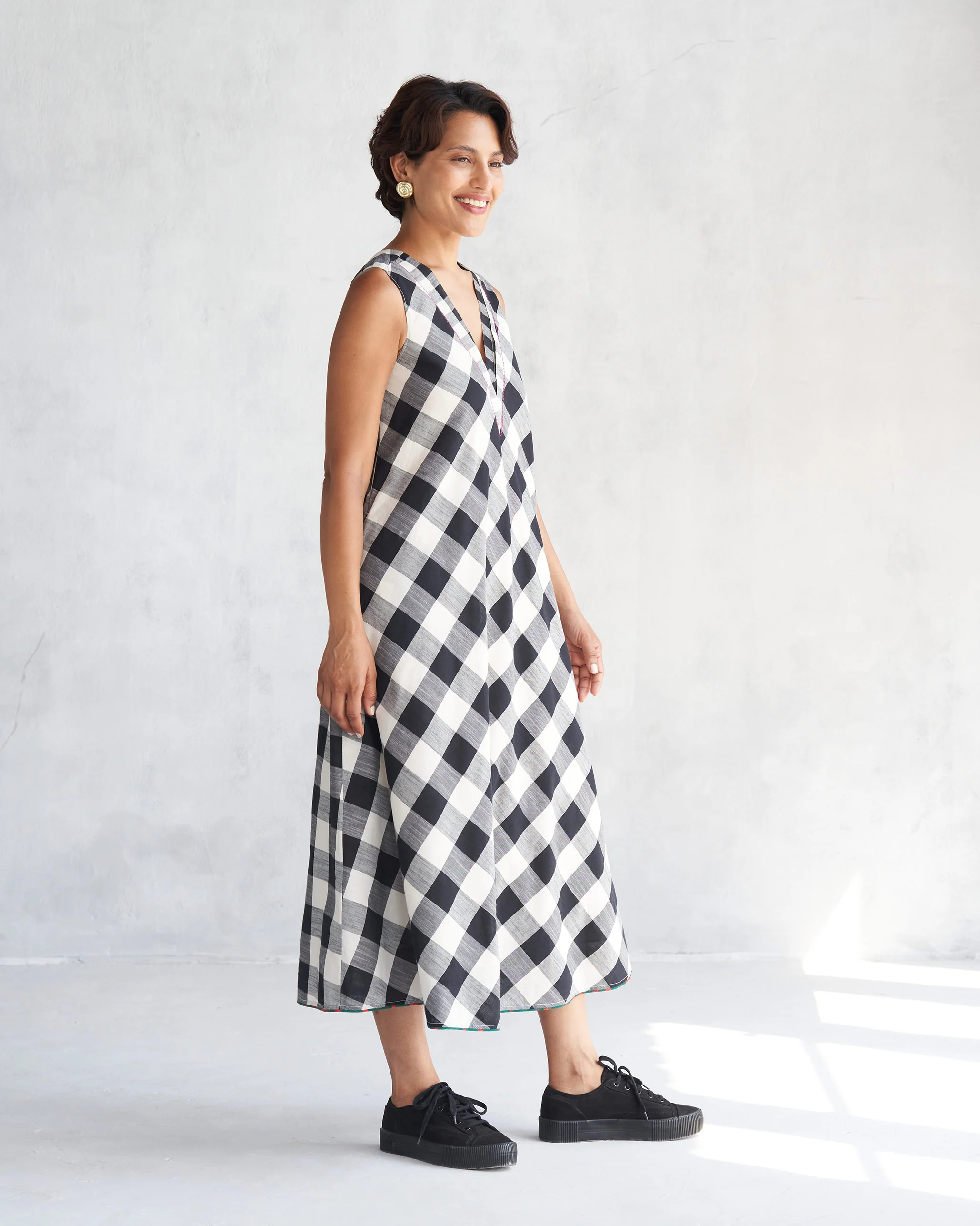 Checkered V-Neck Dress - Black & Ivory - Image 3