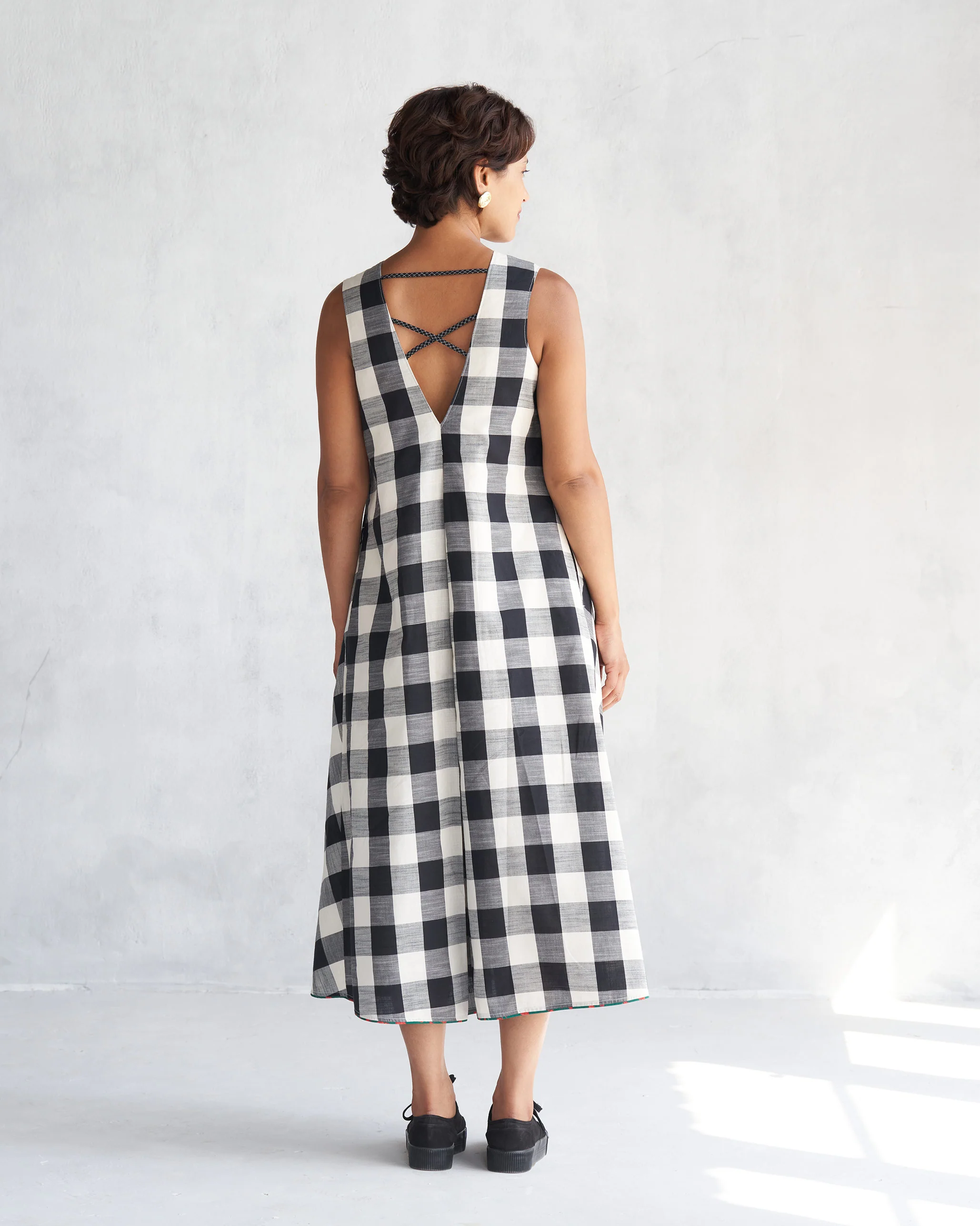 Checkered V-Neck Dress - Black & Ivory - Image 4