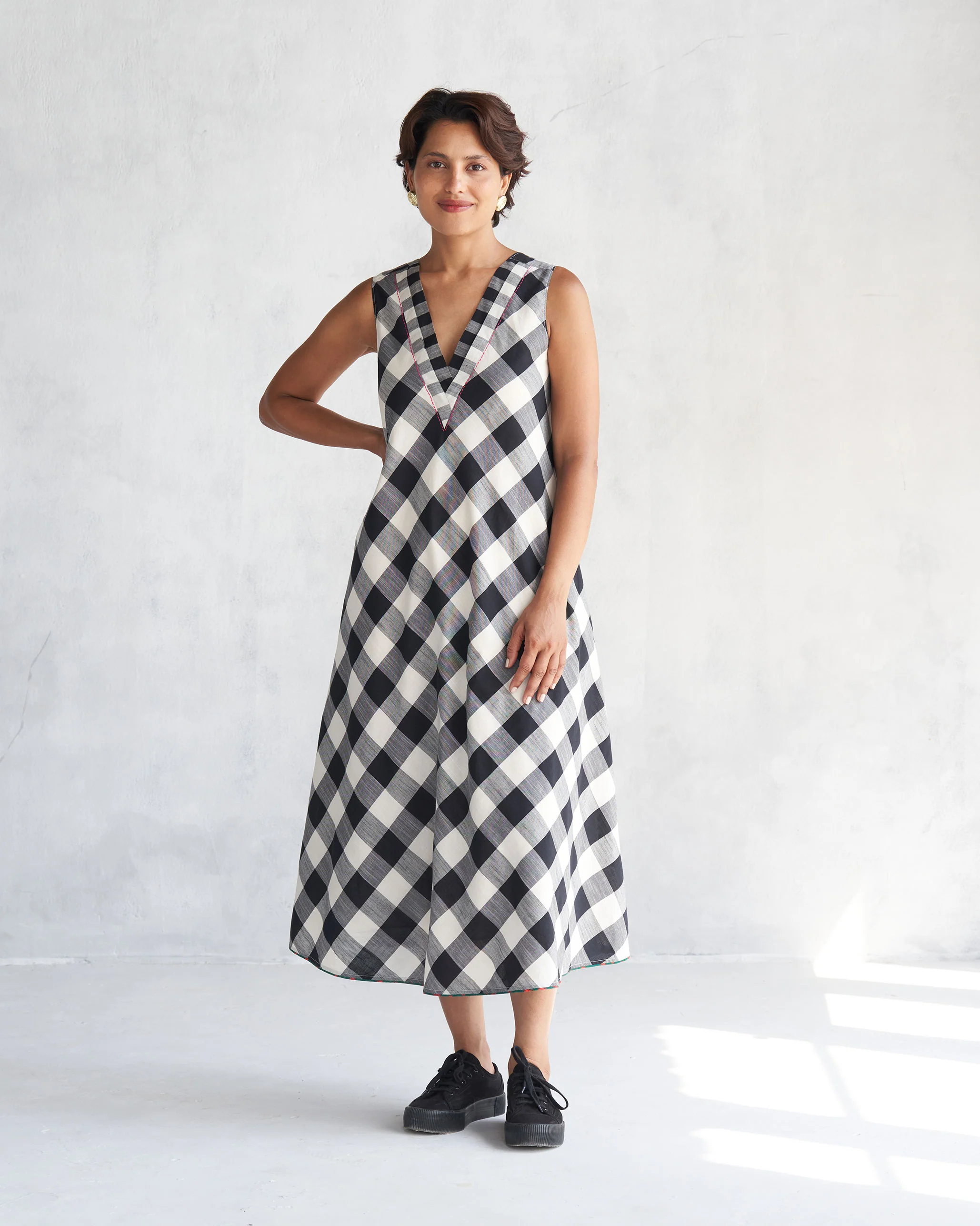 Checkered V-Neck Dress - Black & Ivory - Image 5