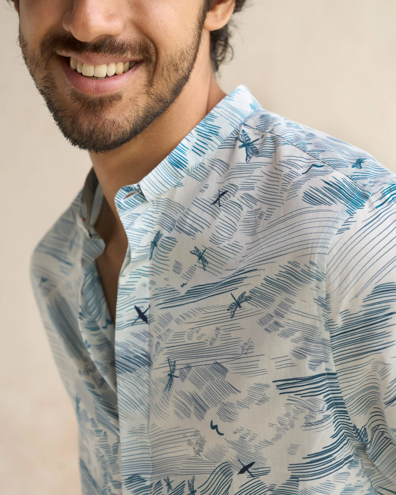 Classic Band Collar Shirt - Ivory & Blue - Image 3