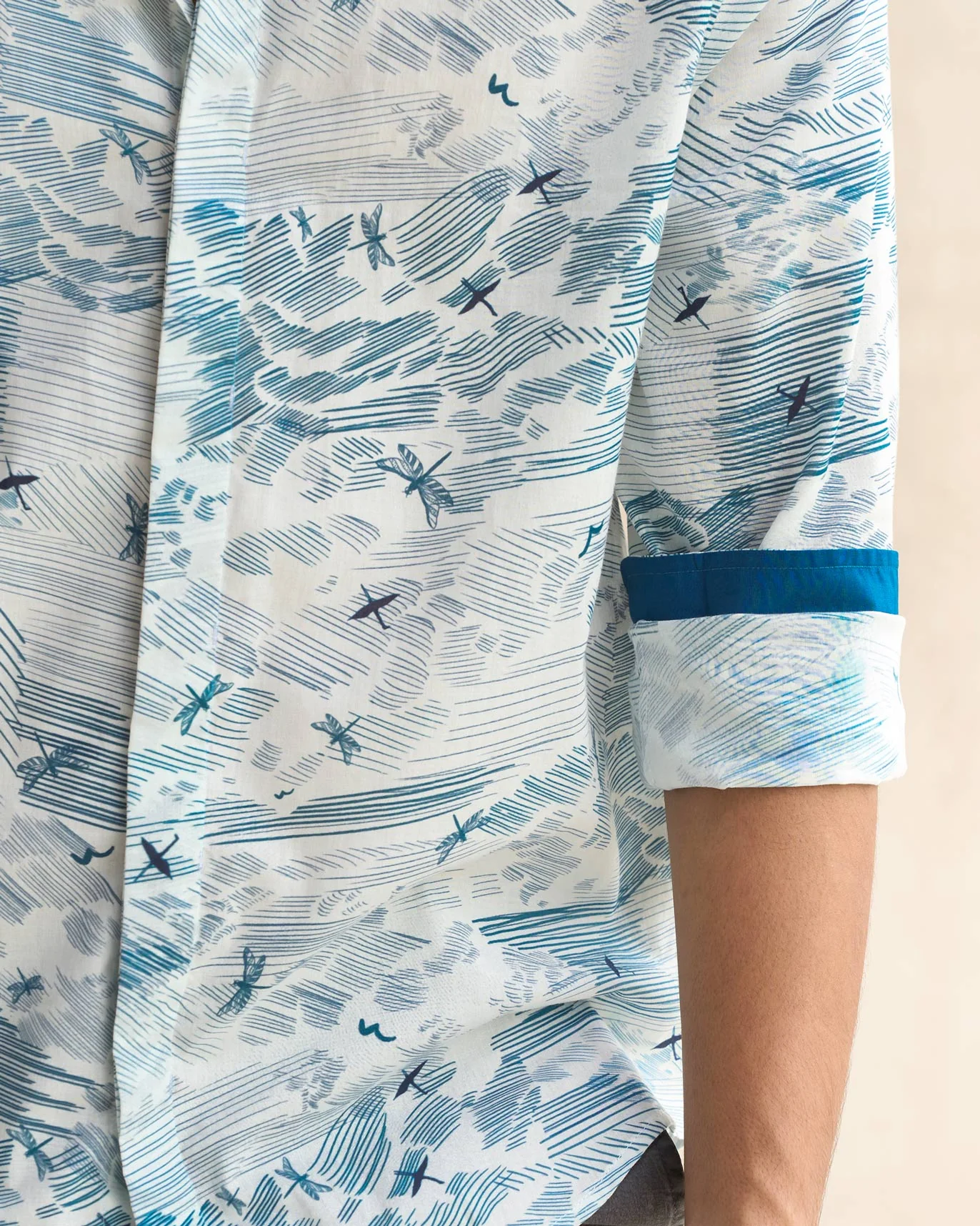 Classic Band Collar Shirt - Ivory & Blue - Image 4