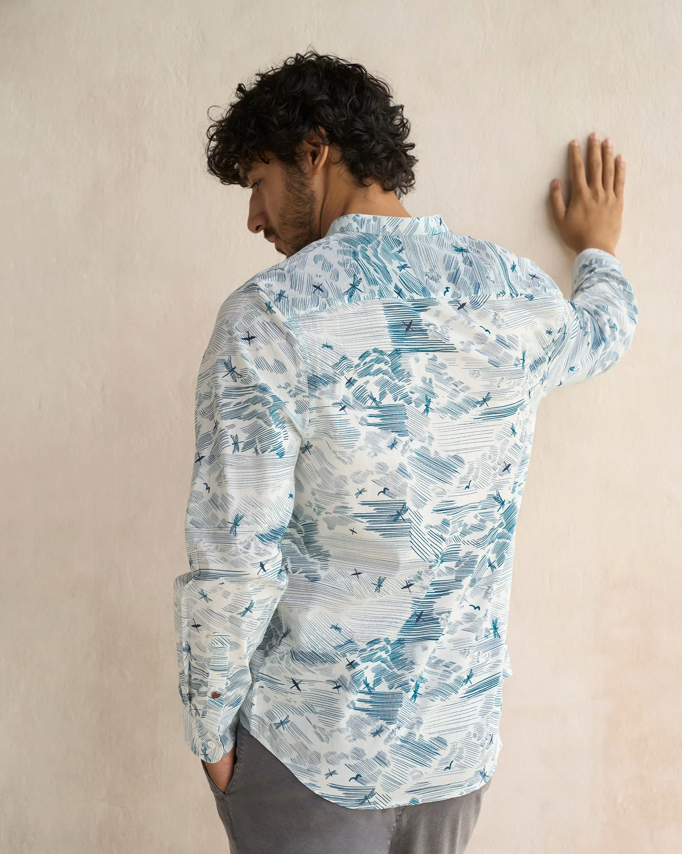 Classic Band Collar Shirt - Ivory & Blue - Image 5