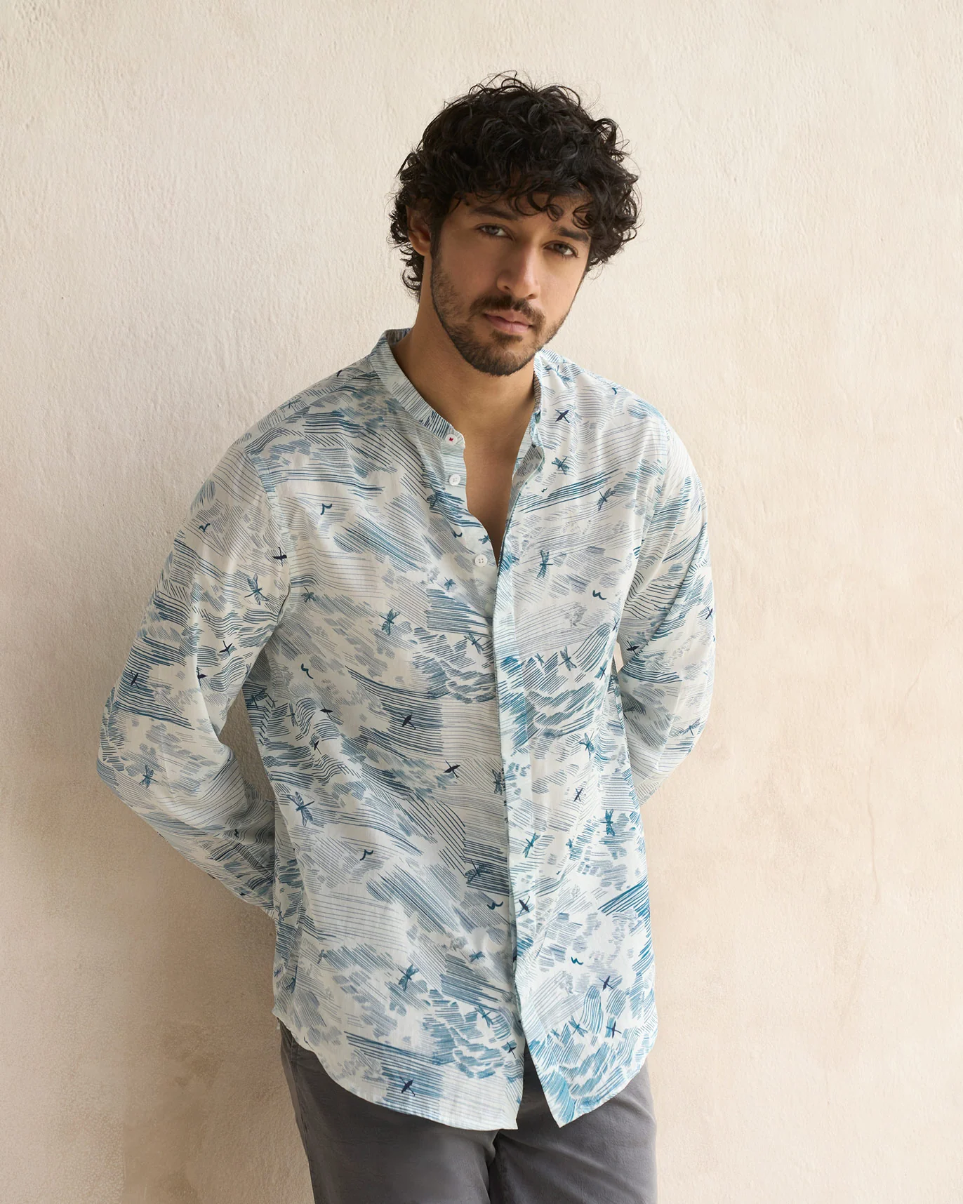 Classic Band Collar Shirt - Ivory & Blue - Image 6