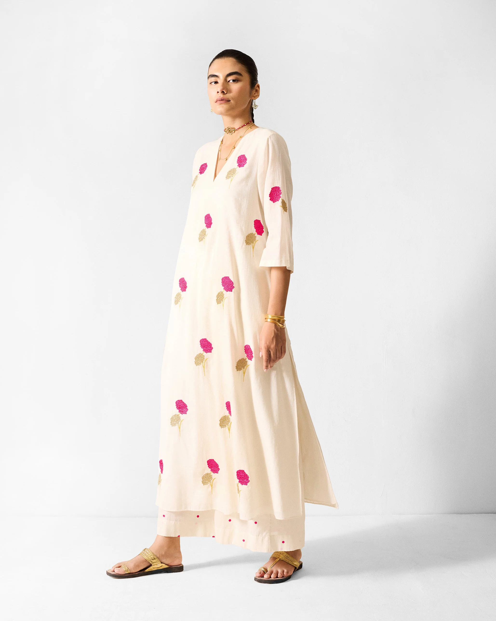 Classic Pyjamas - Ivory & Fuchsia Embroidered - Image 7