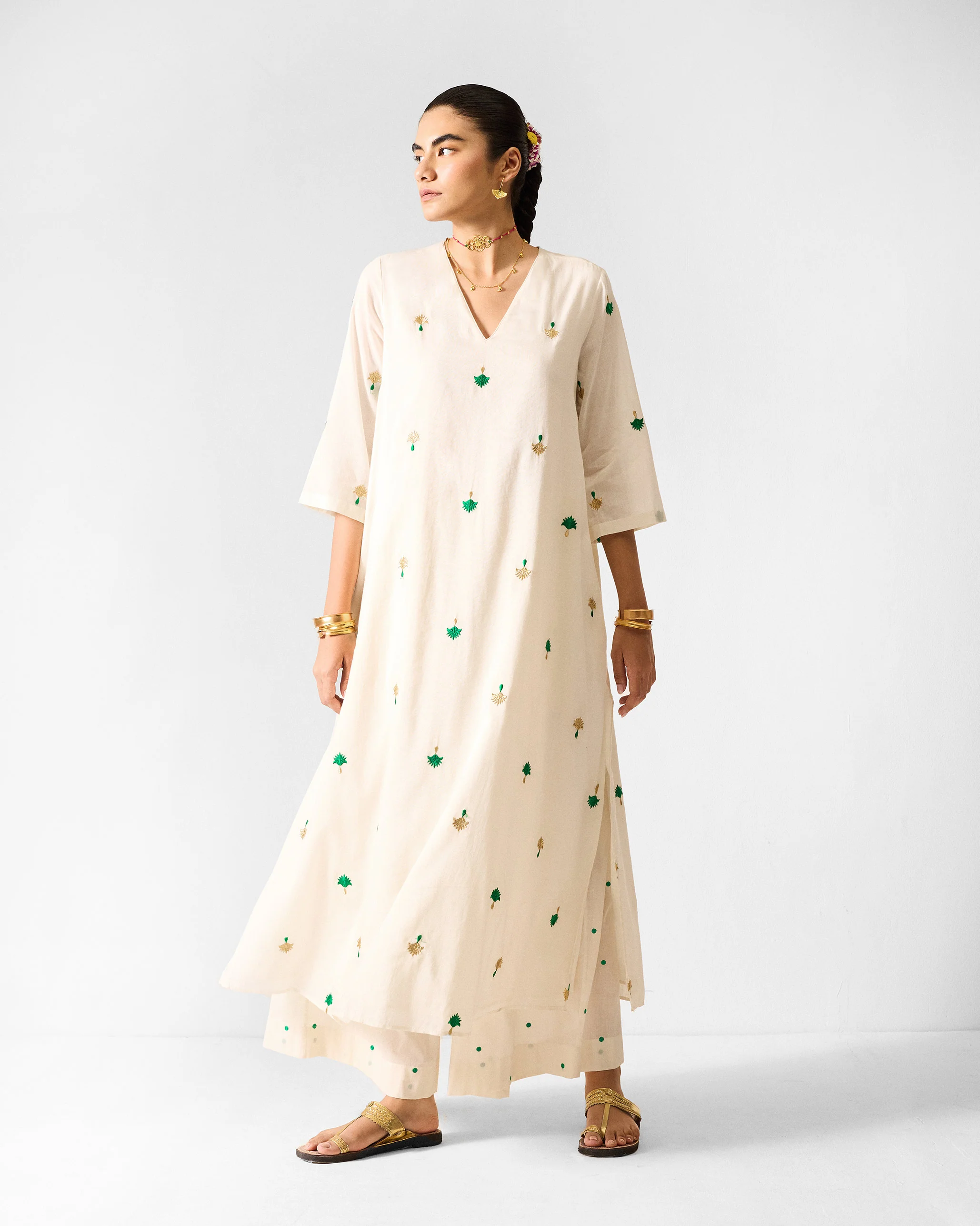 Classic Pyjamas - Ivory & Green Embroidered - Image 5