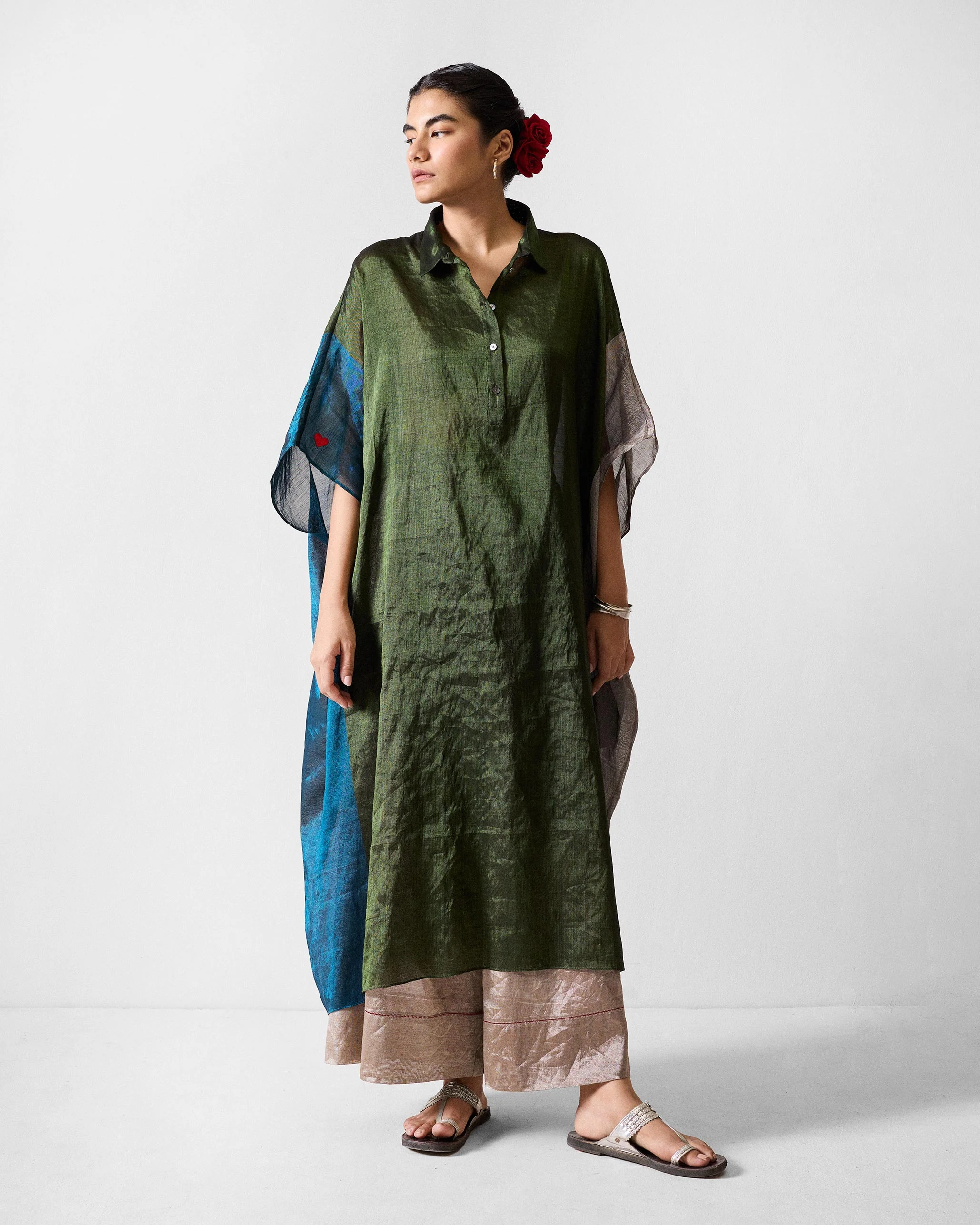 Collared Kaftan - Green & Silver - Image 2