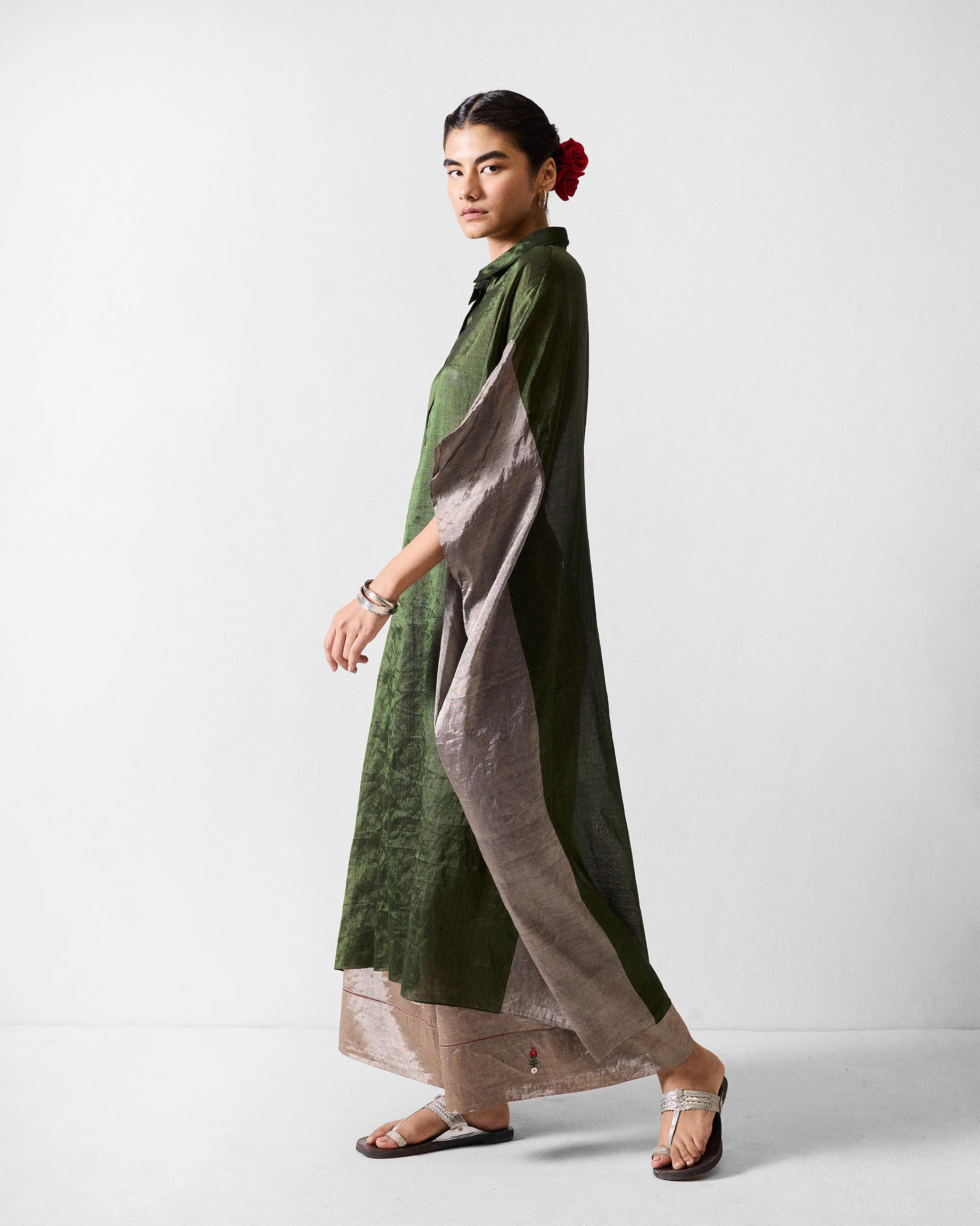 Collared Kaftan - Green & Silver - Image 4