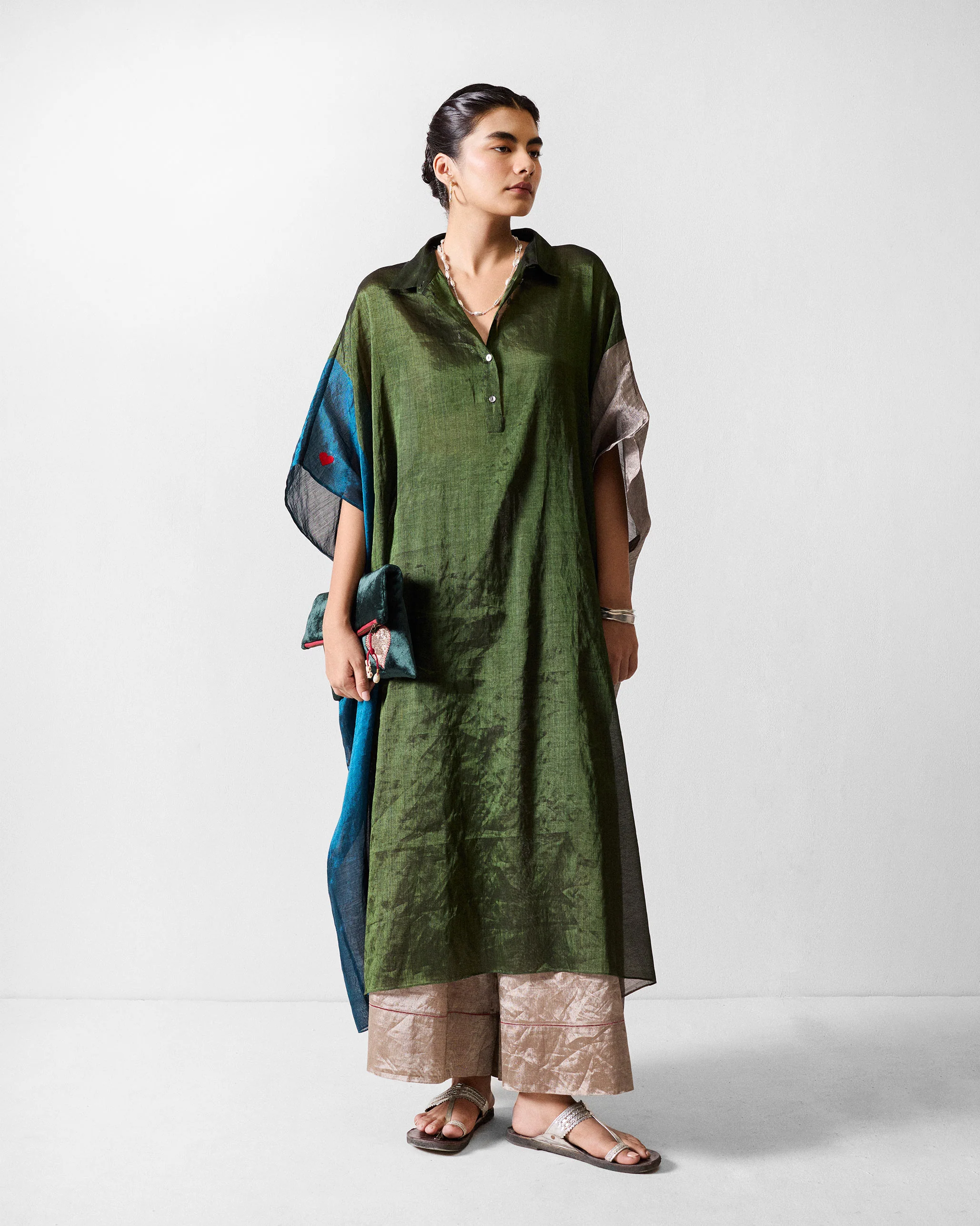 Collared Kaftan - Green & Silver - Image 6