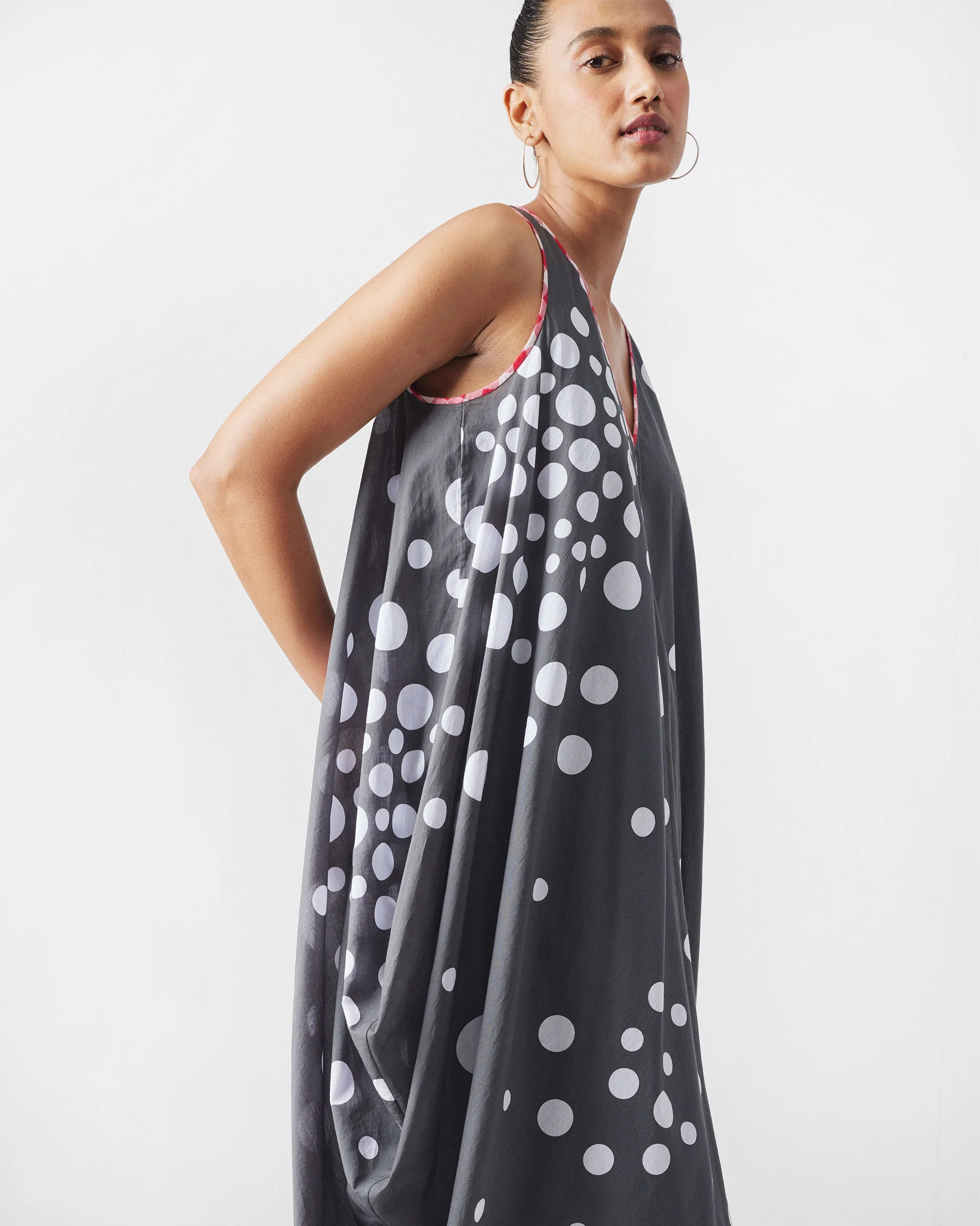 Cowl Dress with Slip - Charcoal & White Print - Image 2