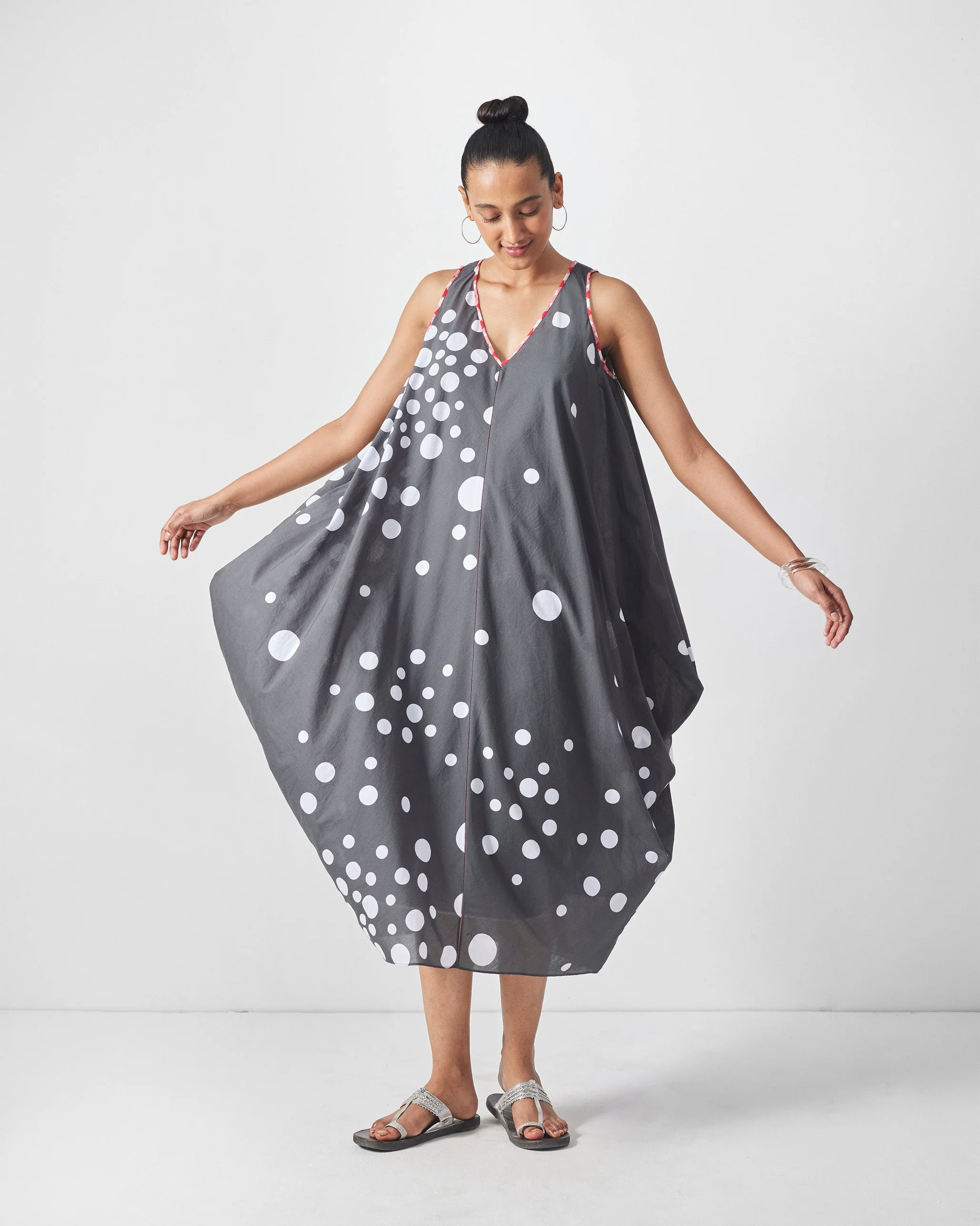 Cowl Dress with Slip - Charcoal & White Print - Image 3
