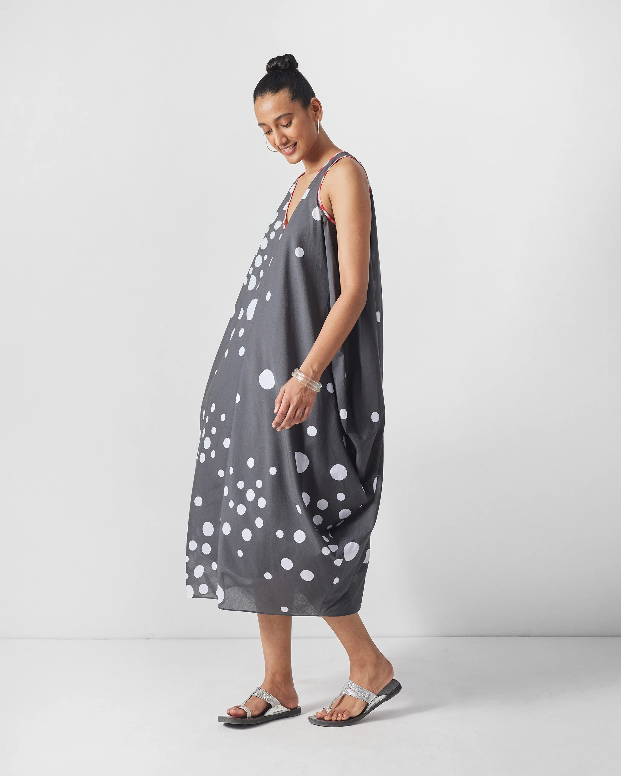 Cowl Dress with Slip - Charcoal & White Print - Image 4