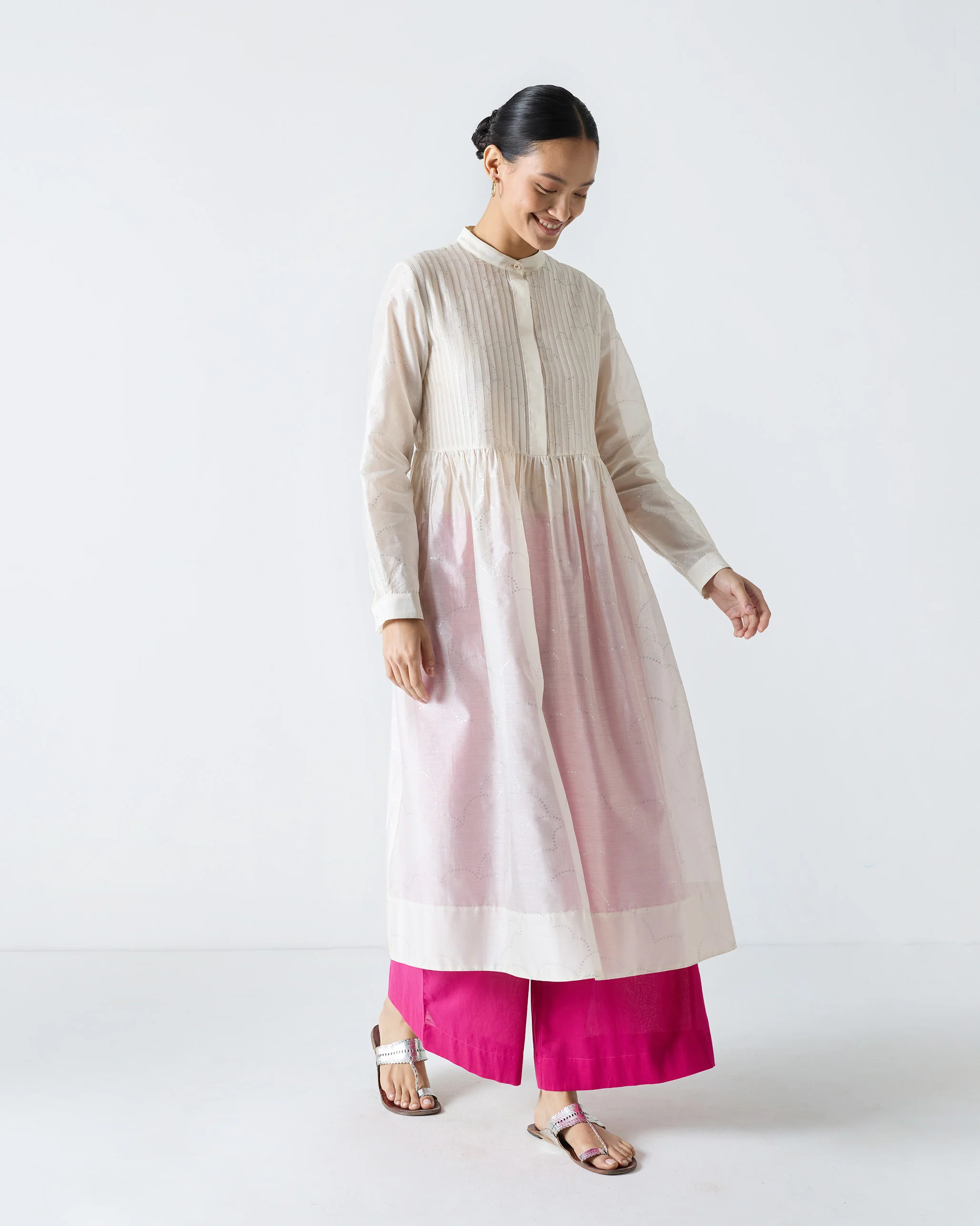 Crescent Pintuck Kurta - Ivory & Silver Print - Image 2