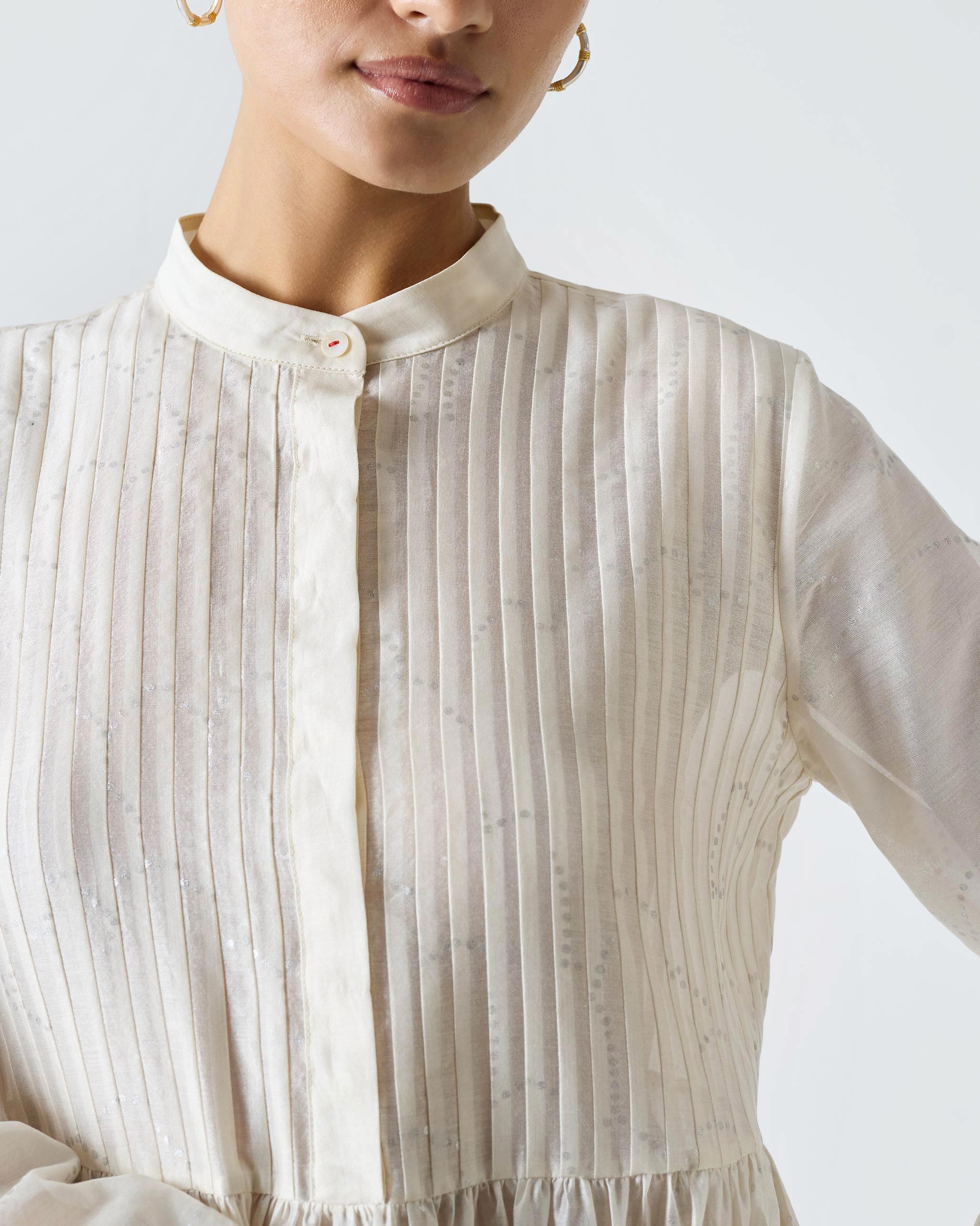 Crescent Pintuck Kurta - Ivory & Silver Print - Image 3
