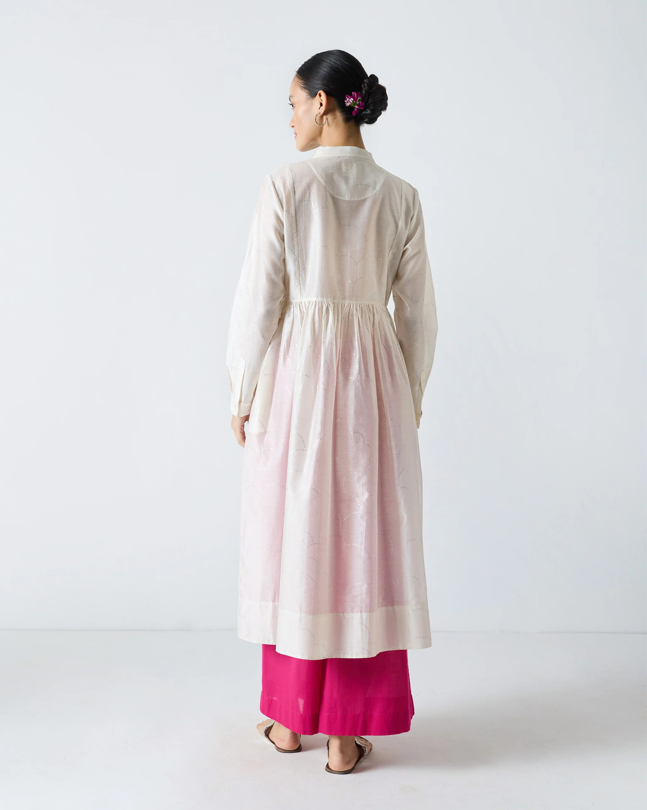 Crescent Pintuck Kurta - Ivory & Silver Print - Image 4