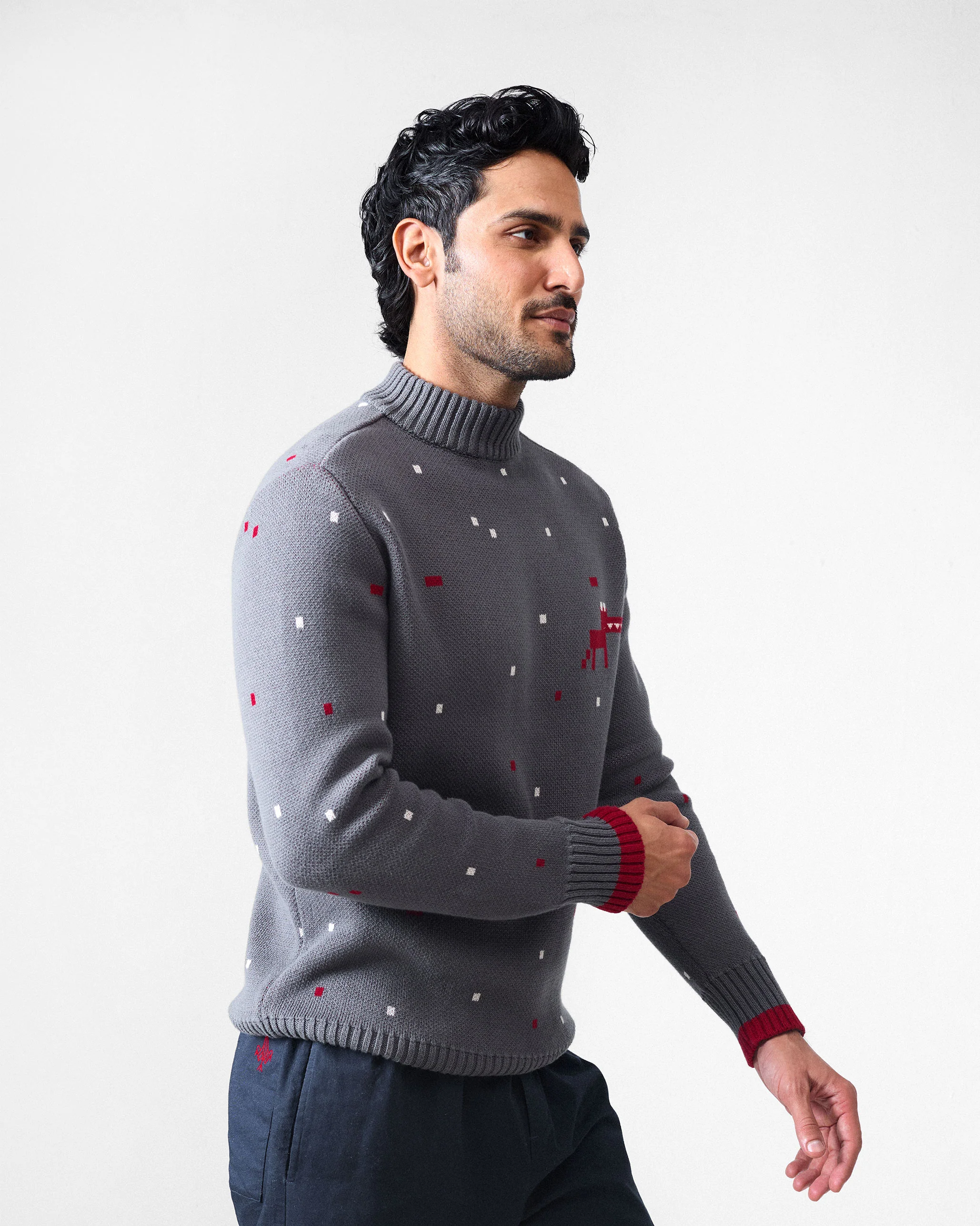 Crew Neck Sweater - Charcoal & Red - Image 3