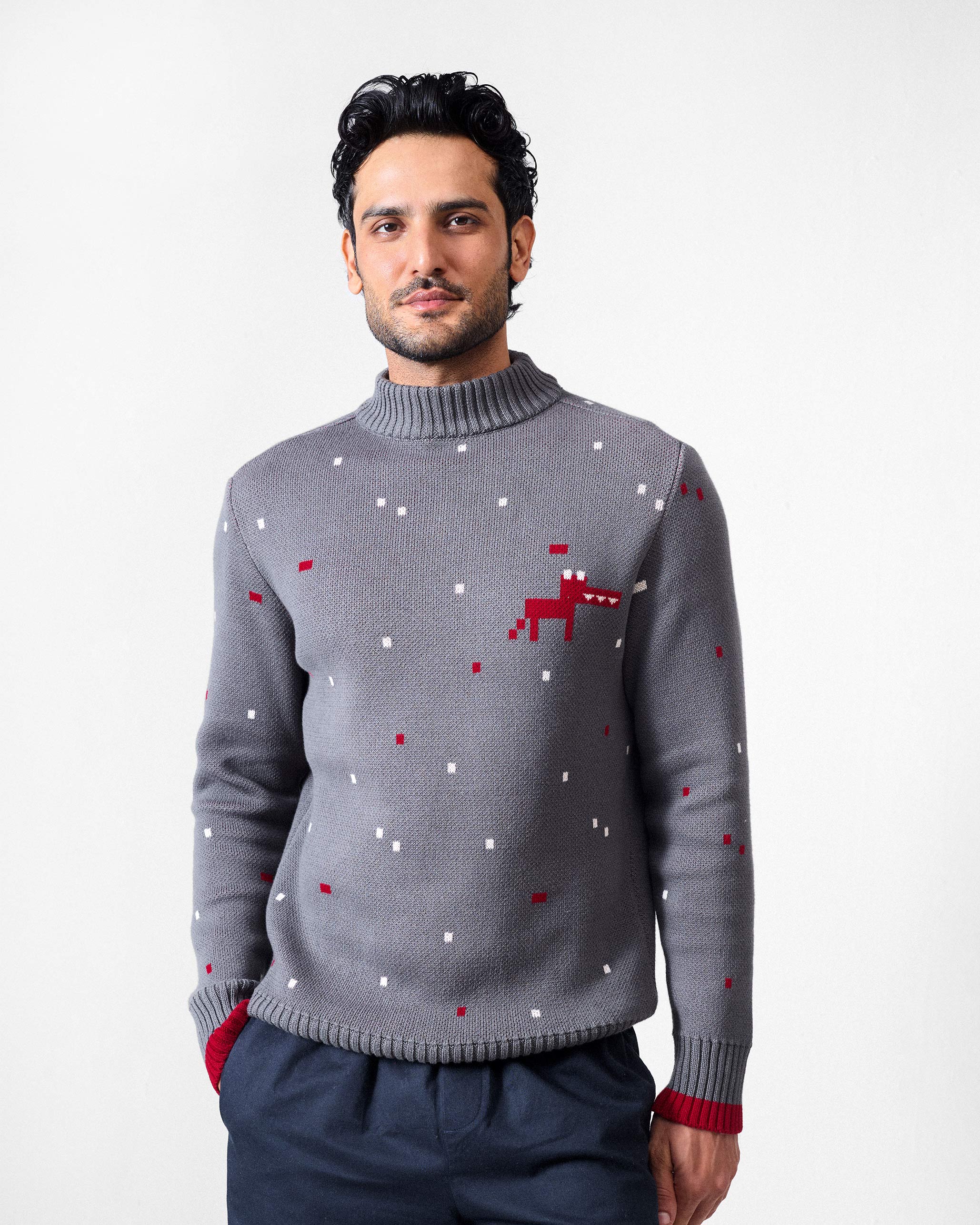 Crew Neck Sweater - Charcoal & Red - Image 6