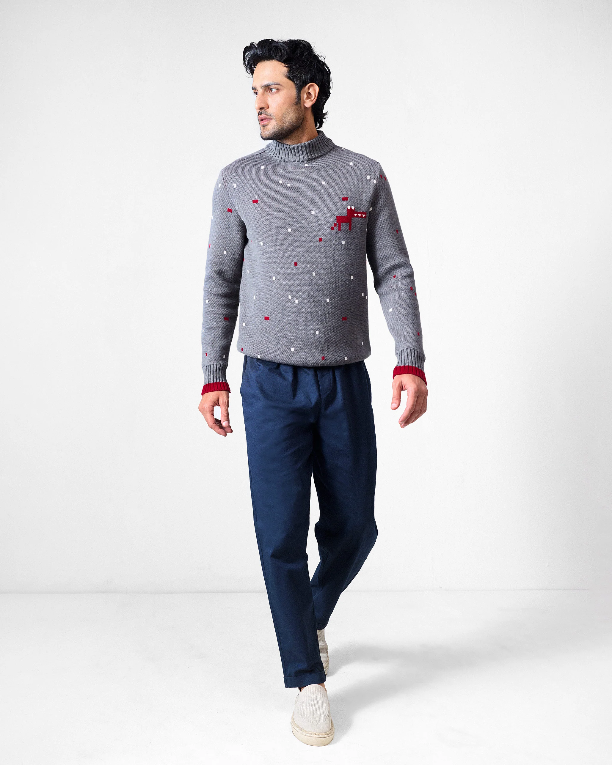 Crew Neck Sweater - Charcoal & Red - Image 8