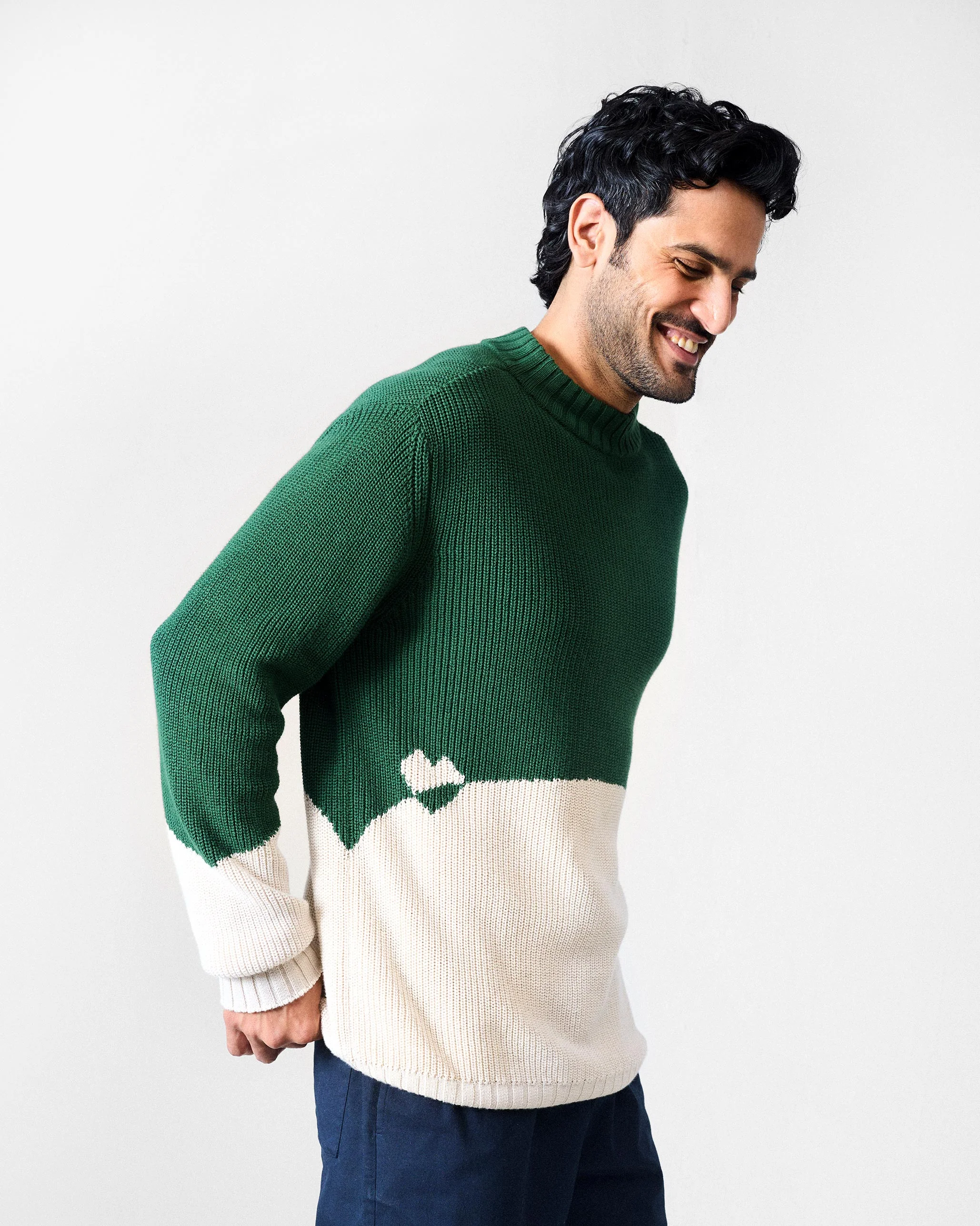 Crew Neck Sweater - Green & Ivory - Image 3