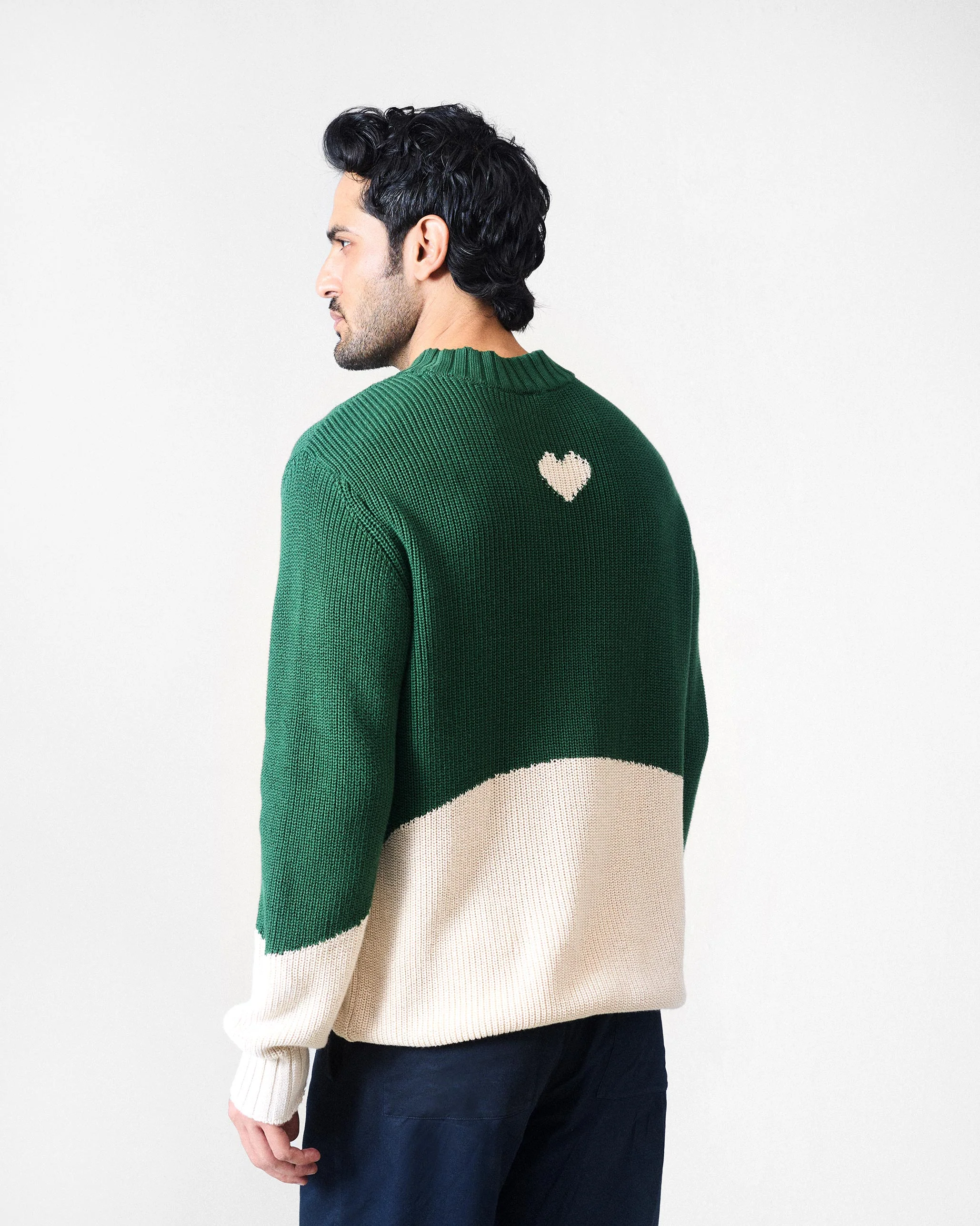 Crew Neck Sweater - Green & Ivory - Image 4