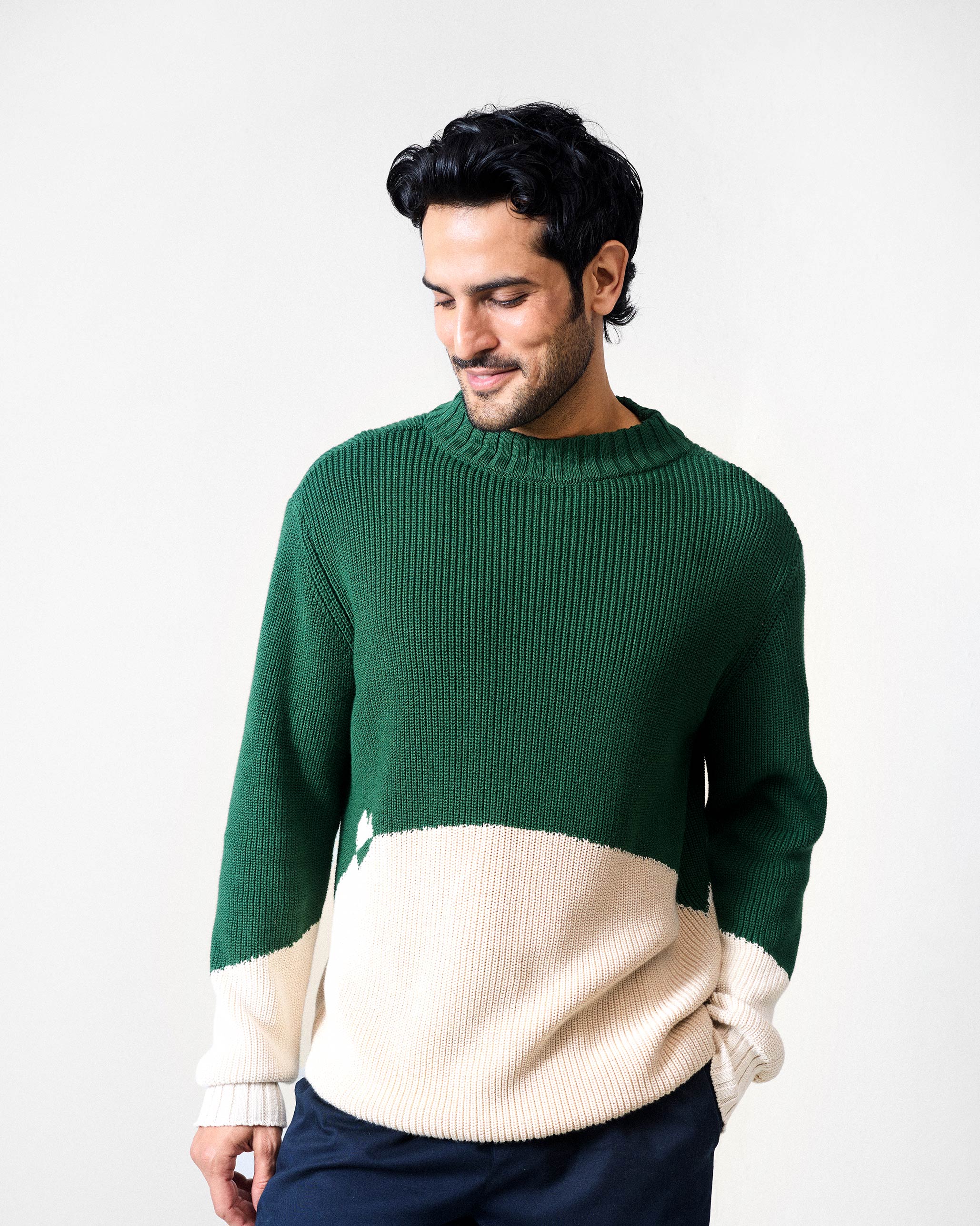 Crew Neck Sweater - Green & Ivory - Image 6