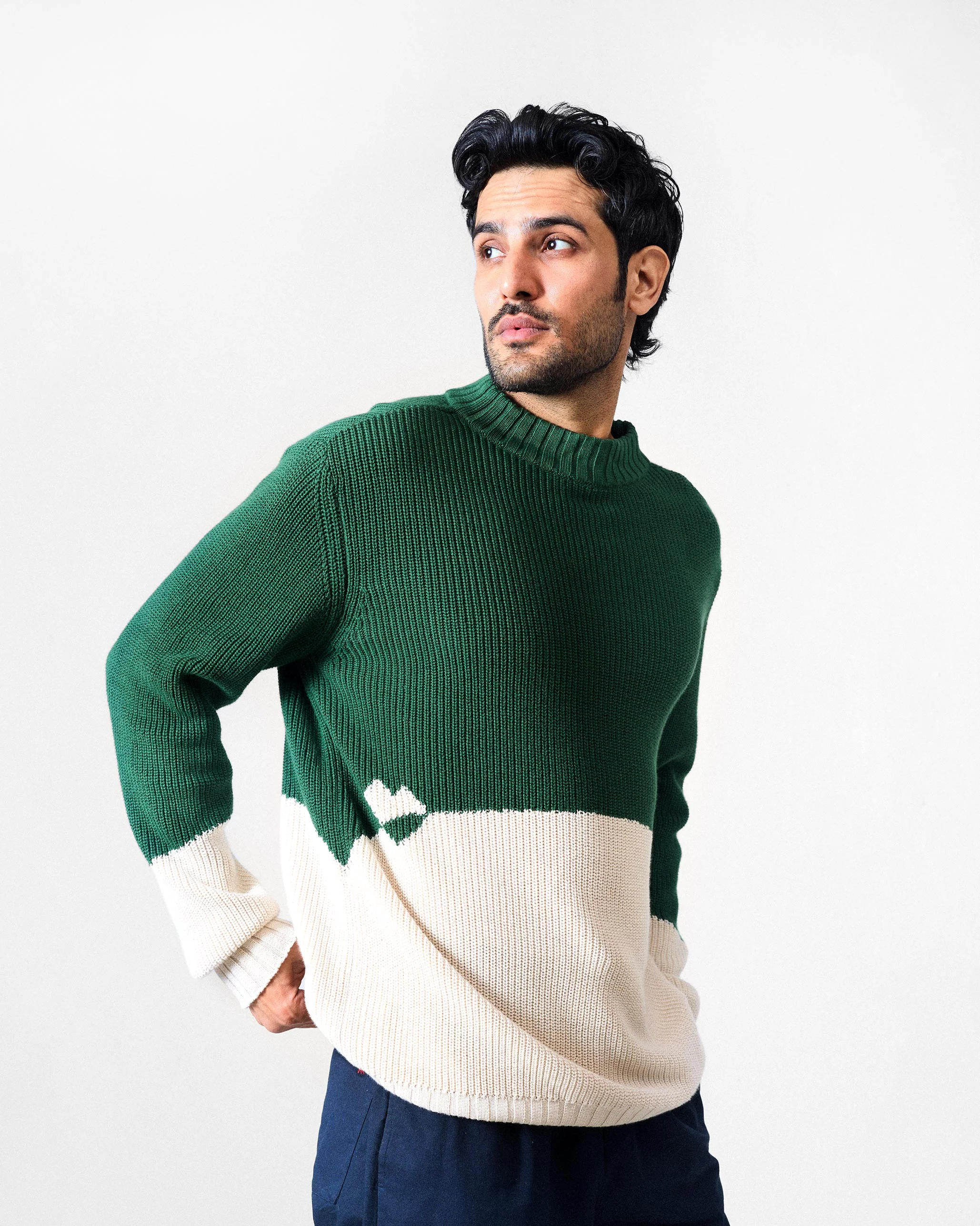 Crew Neck Sweater - Green & Ivory - Image 9