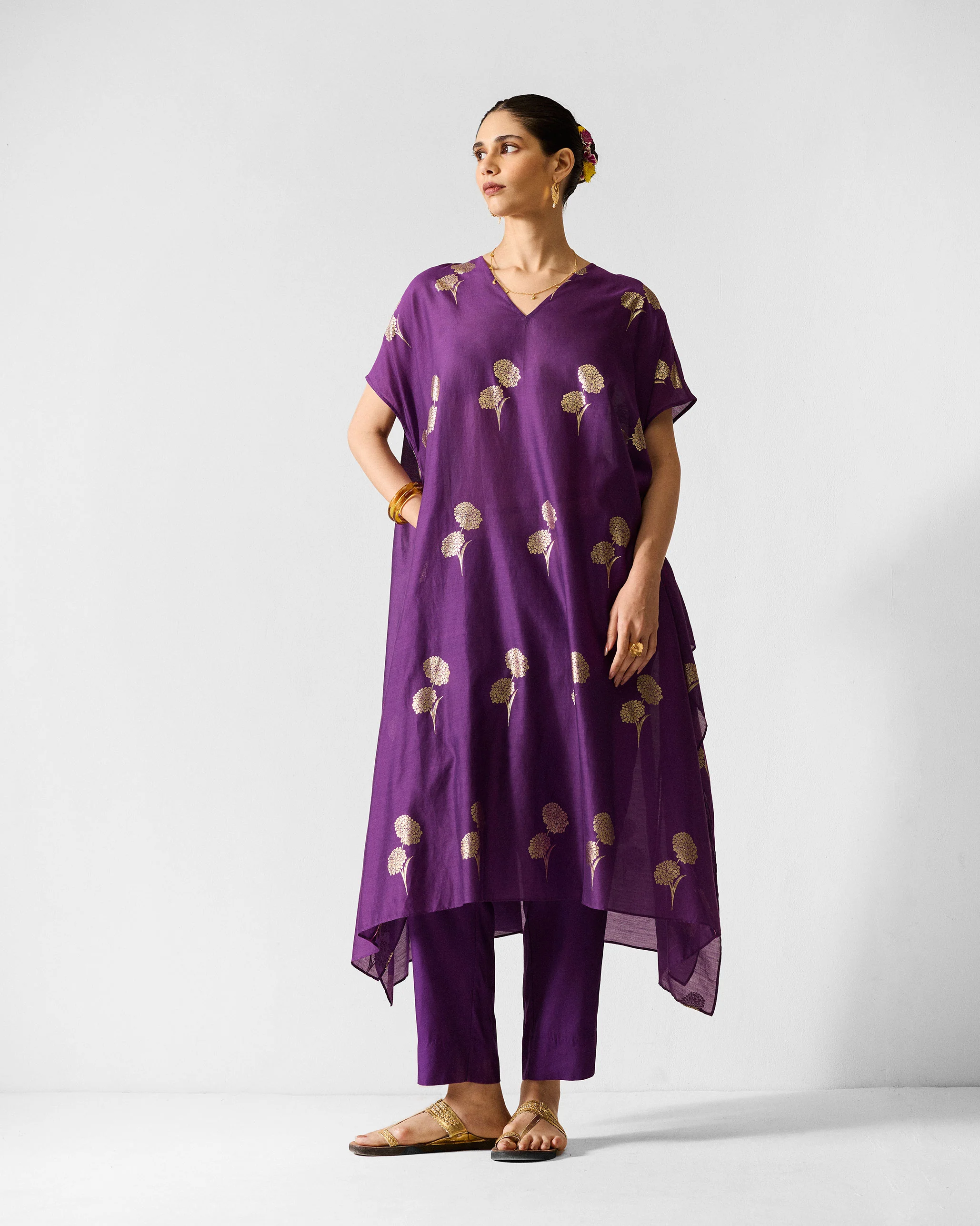 Diu Kurta - Purple & Gold Printed - Image 2