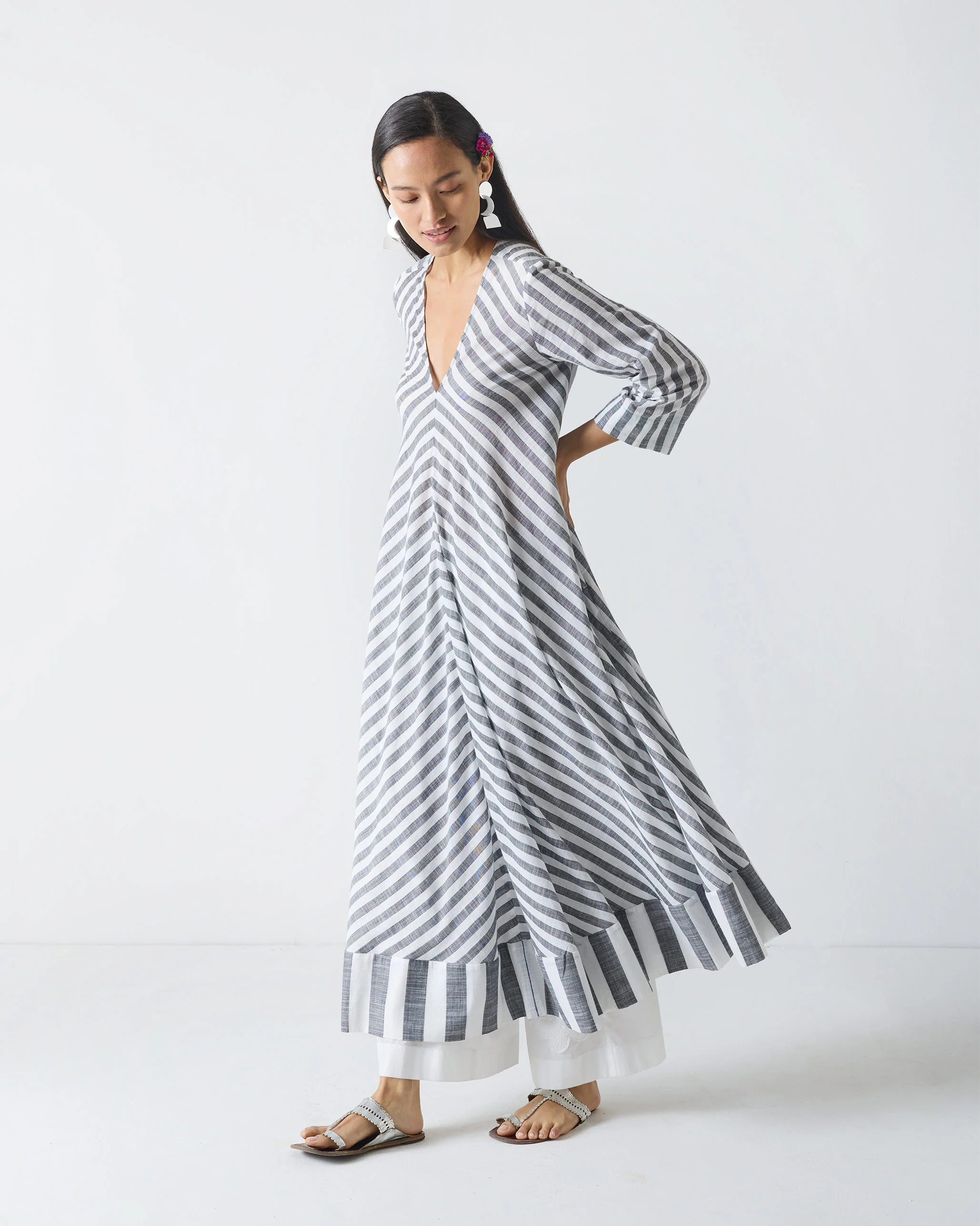 Domino Kurta - Charcoal & White Stripes - Image 3