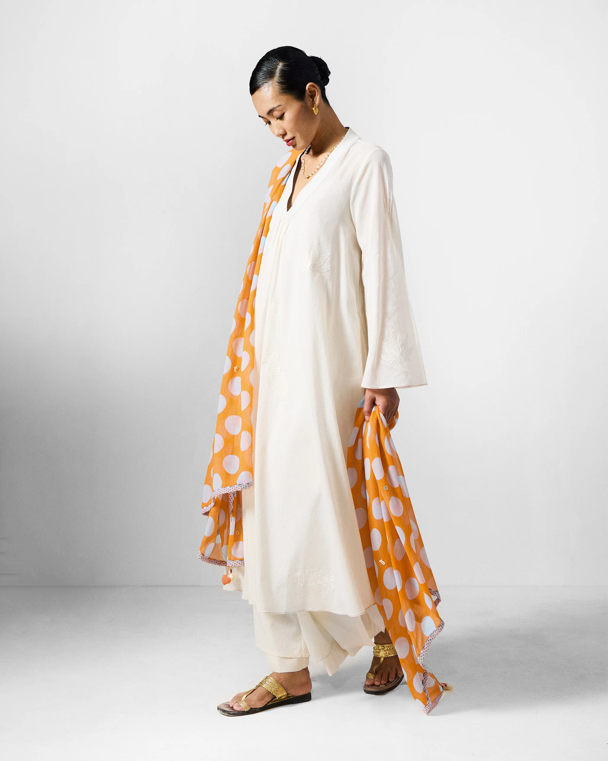 Dot Dupatta - Orange & Ice Blue Printed - Image 4