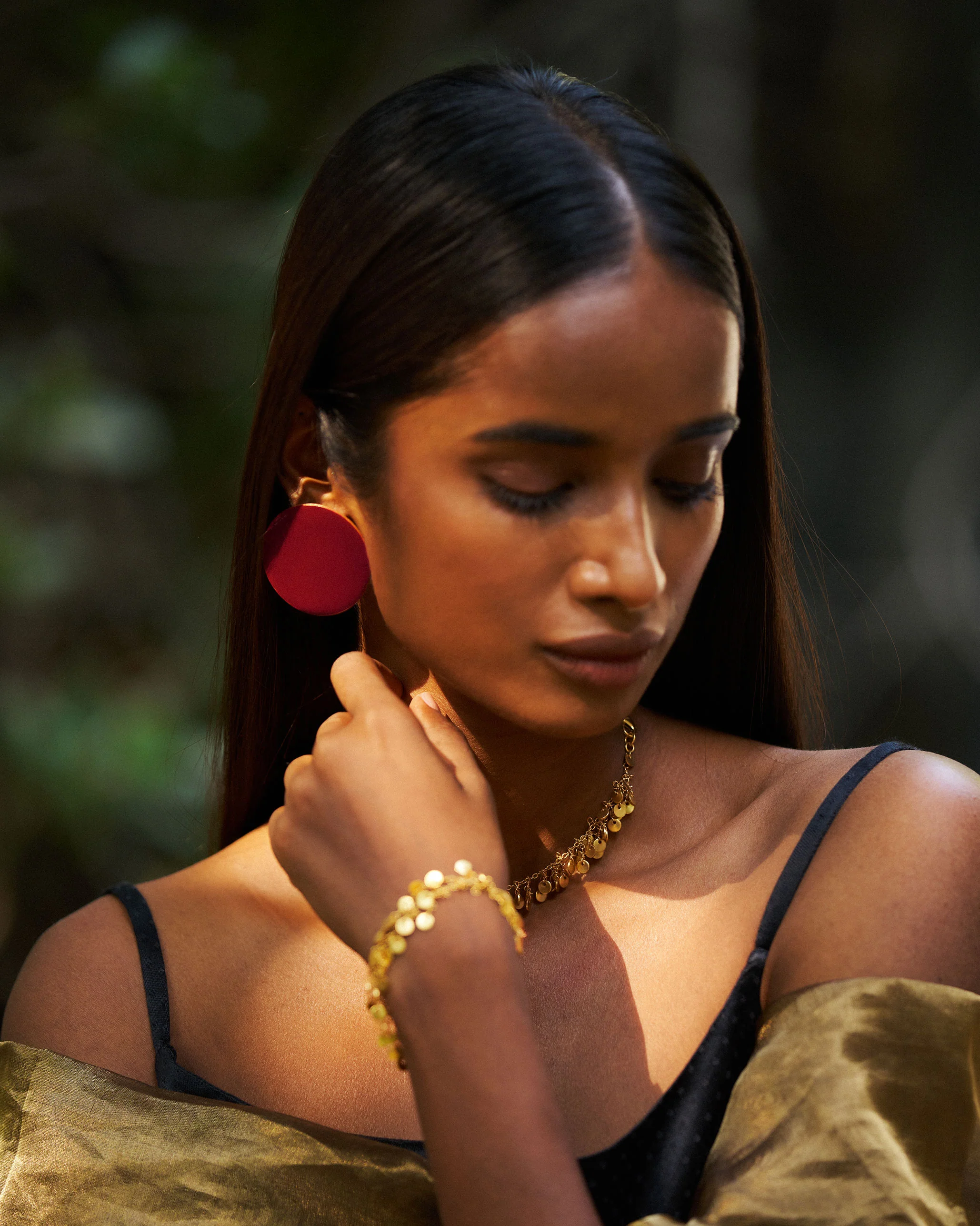 Dot Earrings & Jhilmil Ear Chain - Red & Gold - Image 3