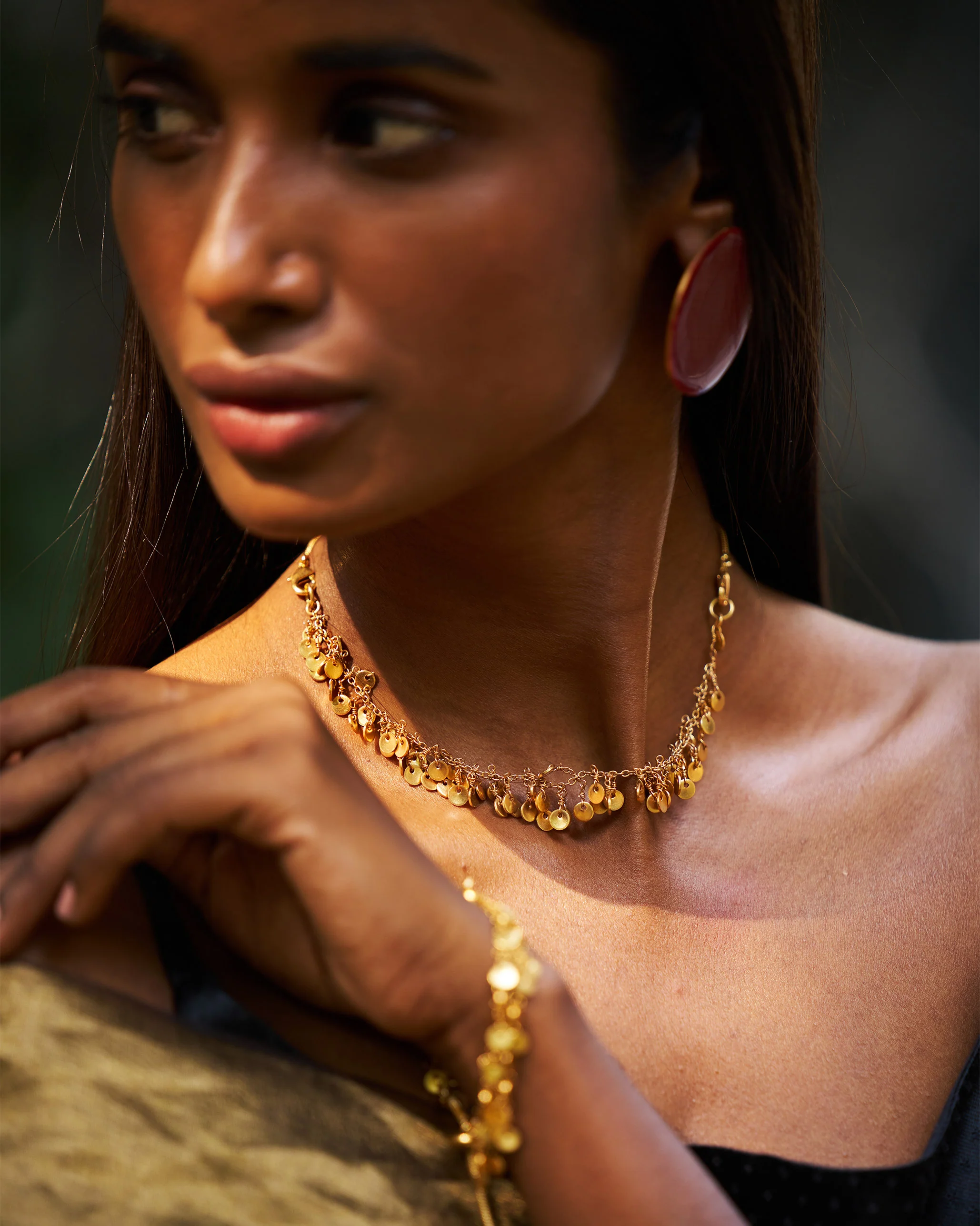 Dot Earrings & Jhilmil Ear Chain - Red & Gold - Image 4