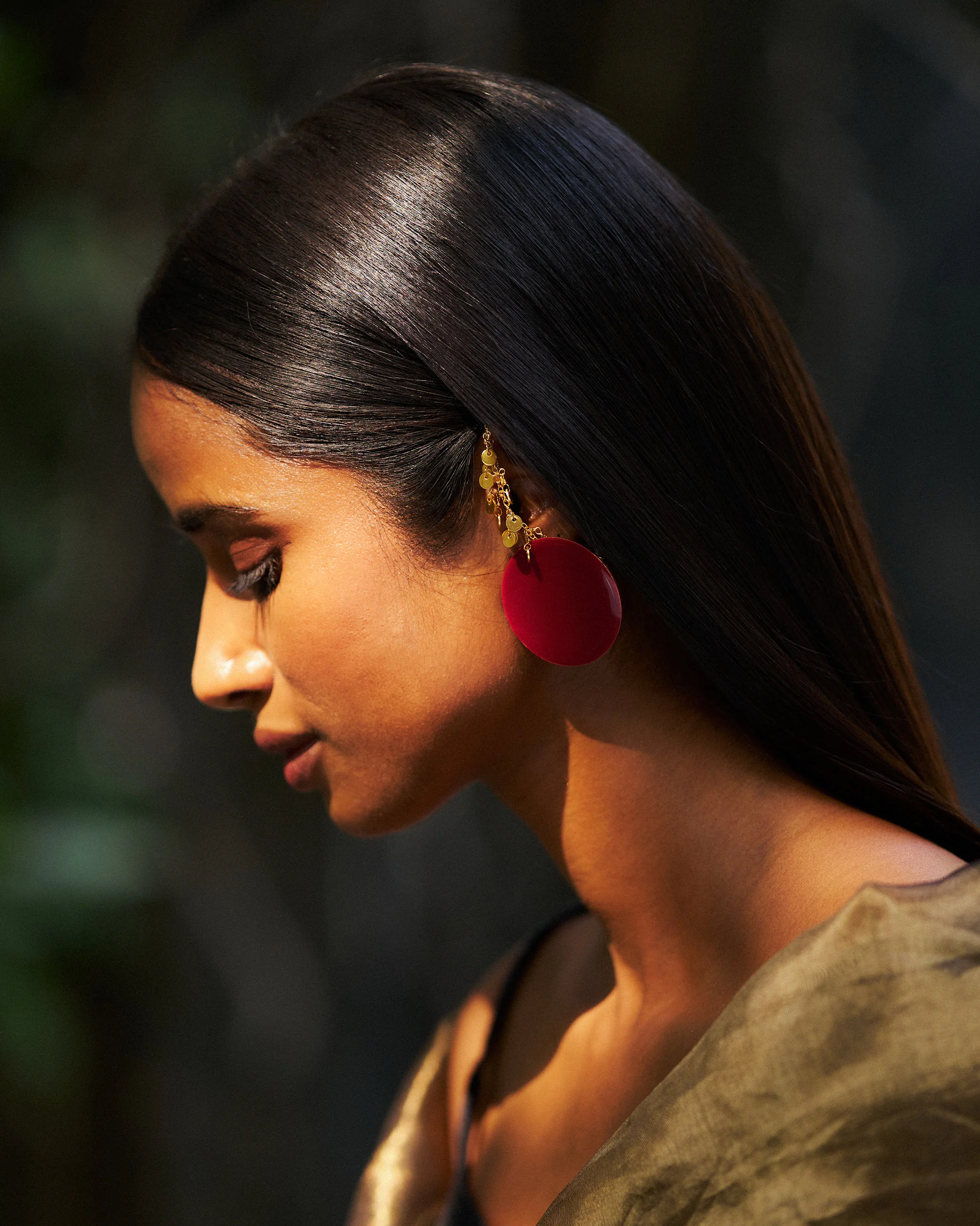 Dot Earrings & Jhilmil Ear Chain - Red & Gold - Image 5