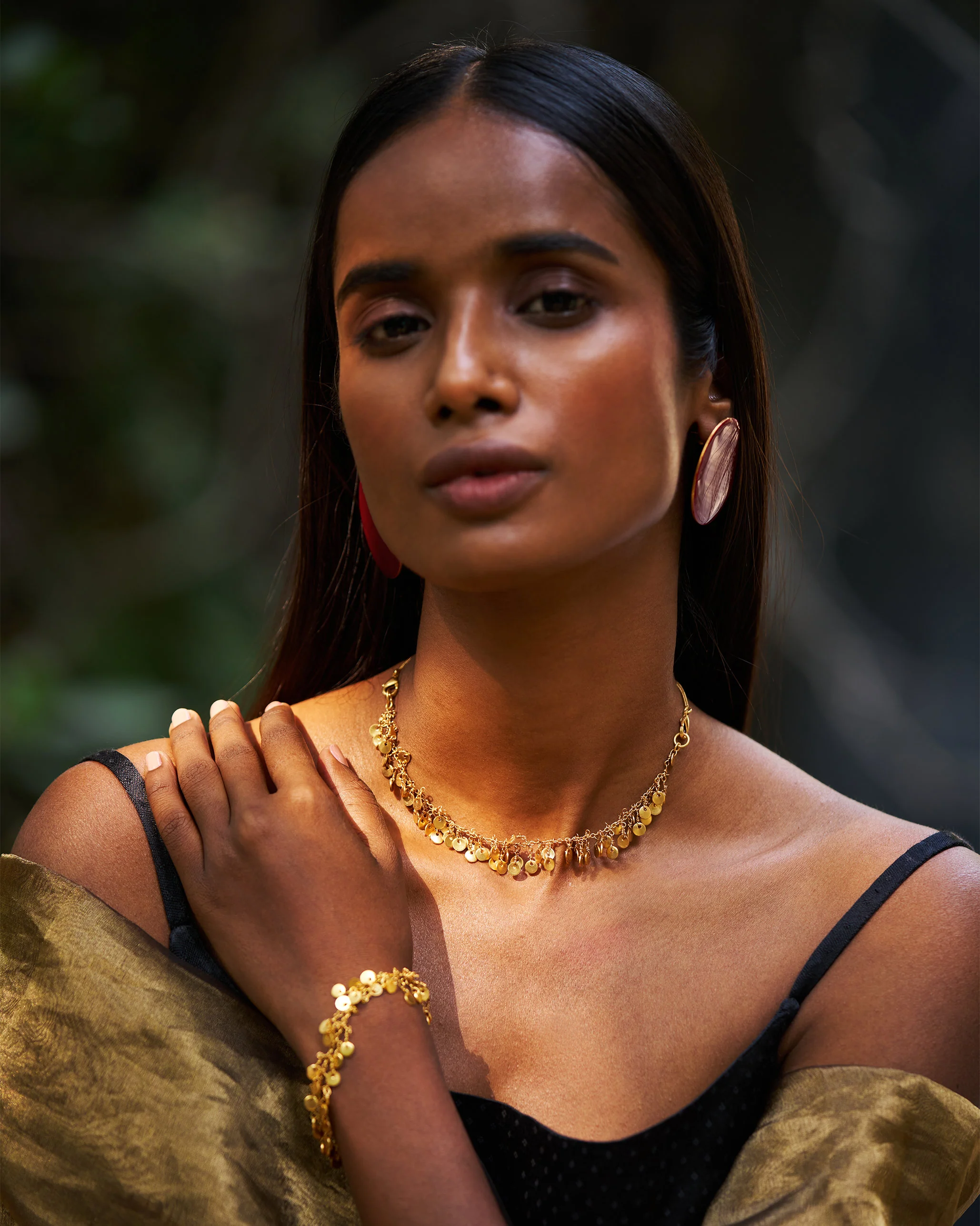 Dot Earrings & Jhilmil Ear Chain - Red & Gold - Image 6